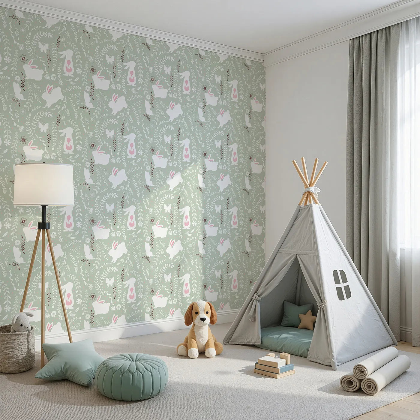 Angled view of Whimsy Tots' Bunny Hideaway Meadow Wallpaper in Mint Green (W3050D).White bunnies and fluttering butterflies dance through soft greenery and blossoms.
