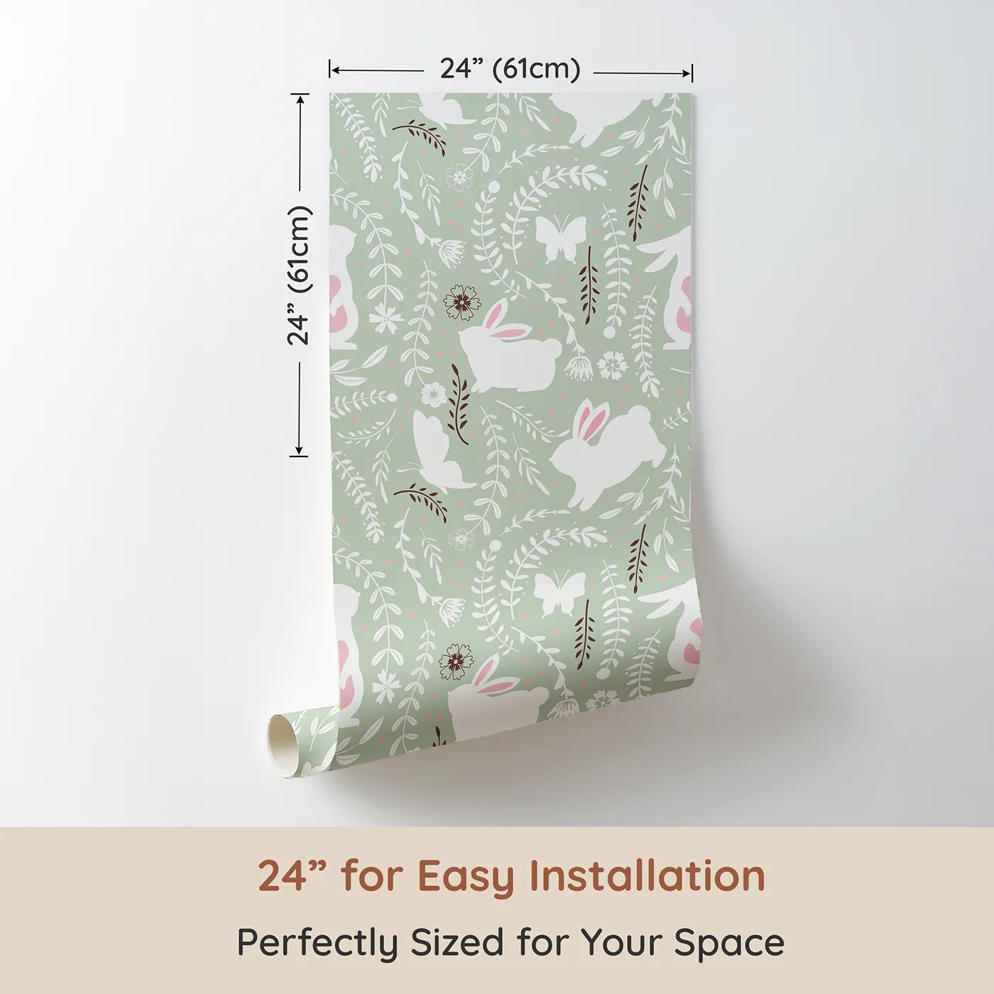 Dimension view of Whimsy Tots Bunny Hideaway Meadow Wallpaper in Mint Green (W3050D). Printed in 24-inch-wide panel for easy installation. White bunnies and fluttering butterflies dance through soft greenery and blossoms.