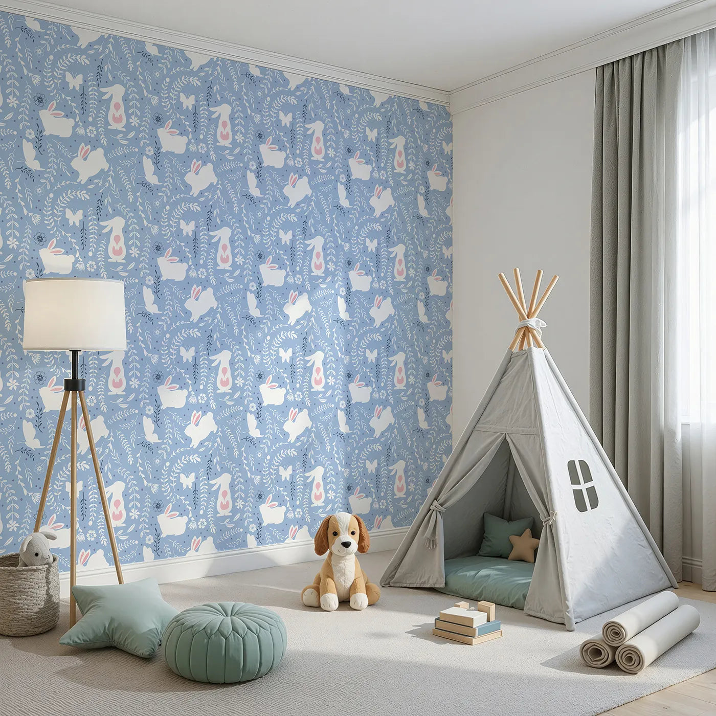 Angled view of Whimsy Tots' Bunny Hideaway Meadow Wallpaper in Bluebell (W3050E).Bunnies, butterflies, and vines pop against soft twilight blue and playful purple dots.