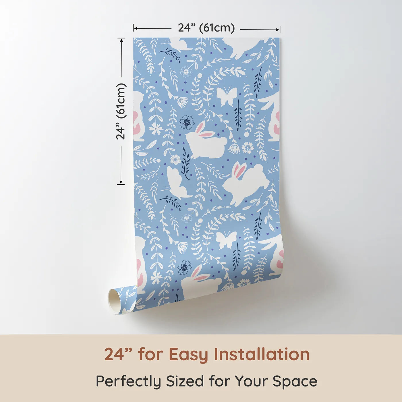 Dimension view of Whimsy Tots Bunny Hideaway Meadow Wallpaper in Bluebell (W3050E). Printed in 24-inch-wide panel for easy installation. Bunnies, butterflies, and vines pop against soft twilight blue and playful purple dots.