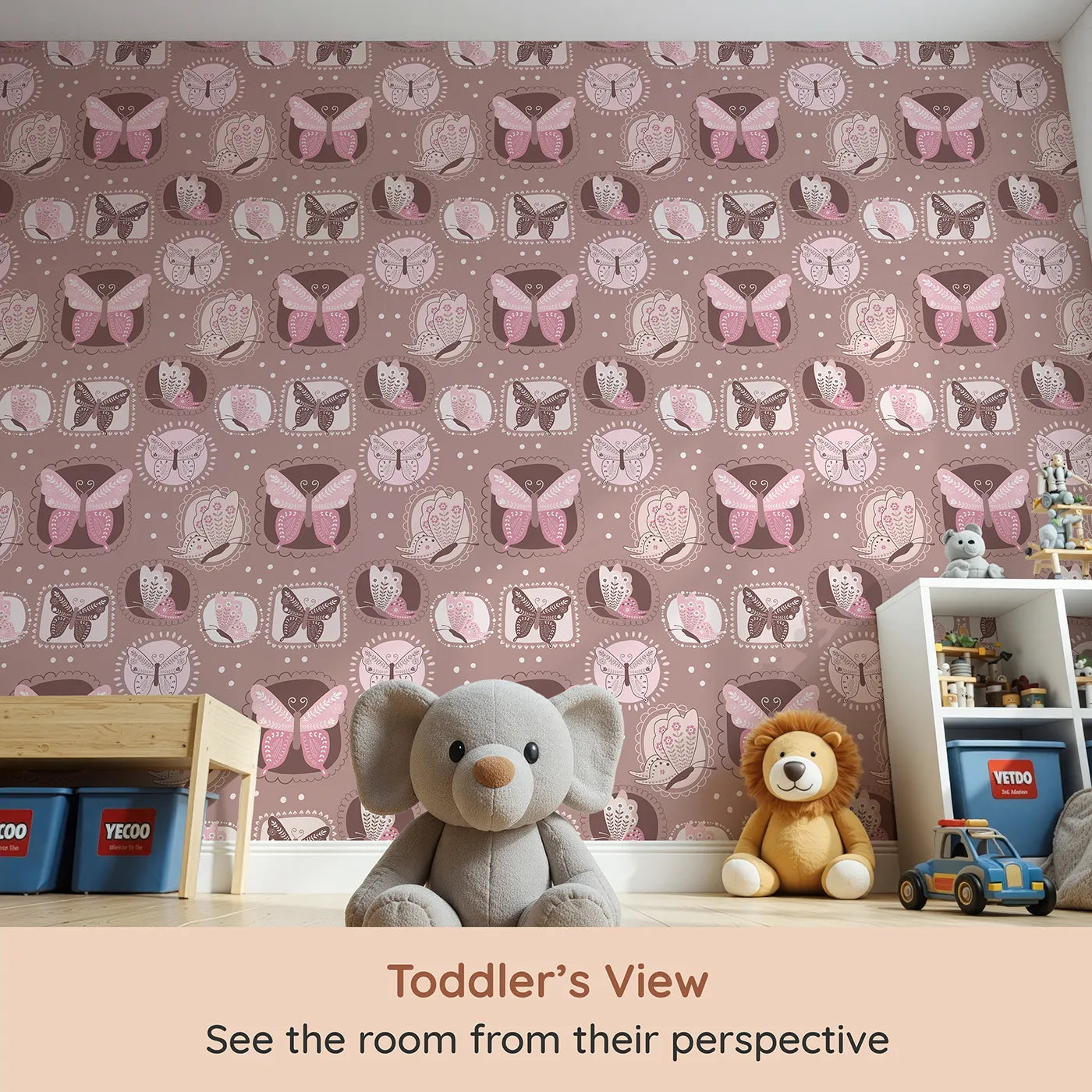 Whimsy Tots Folk Garden Butterfly Wallpaper in Cocoa Brown (W3051A) from your child's view.Patterned butterflies flutter inside soft patchwork frames on warm cocoa brown.