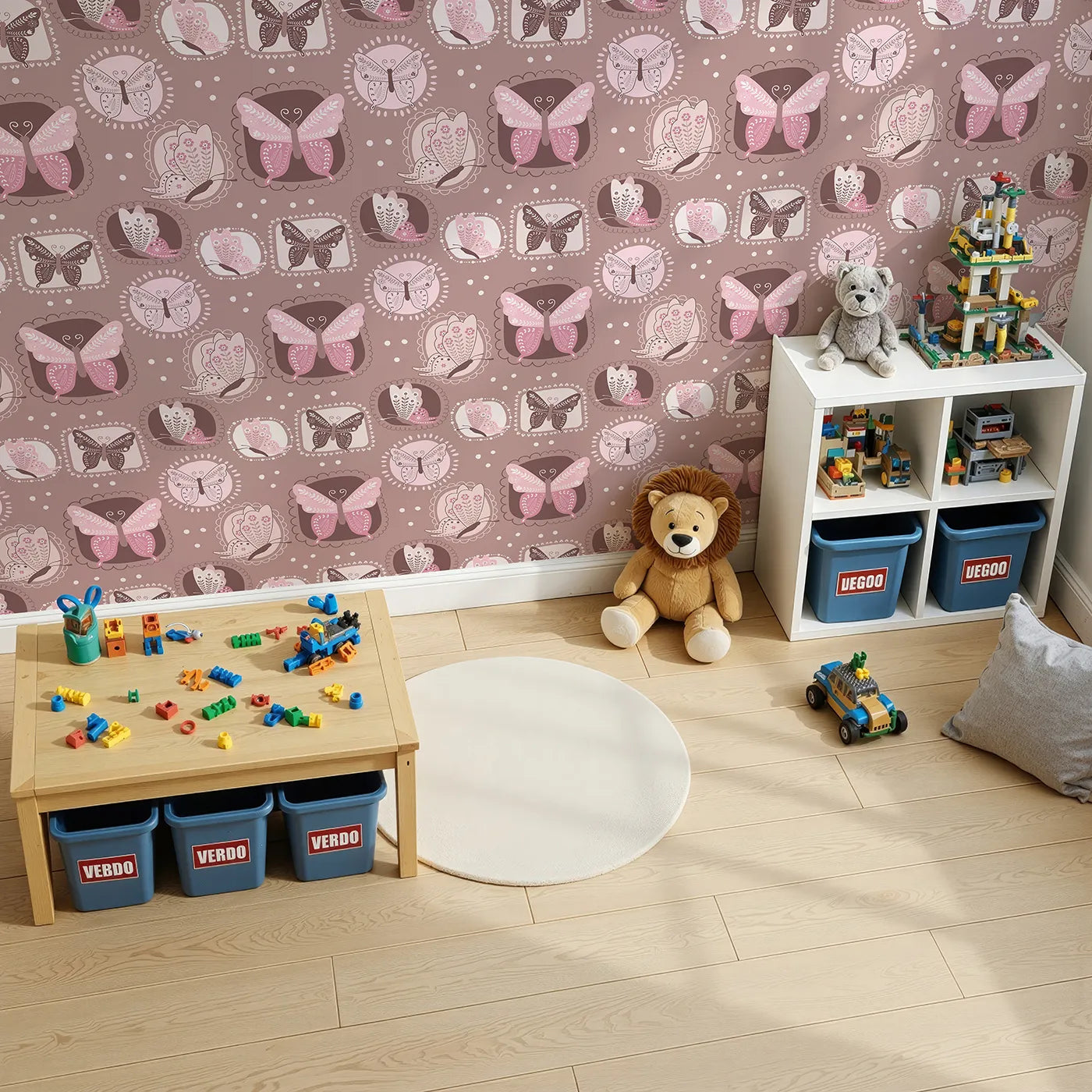 Top-Down view of Whimsy Tots' Folk Garden Butterfly Wallpaper in Cocoa Brown (W3051A).Patterned butterflies flutter inside soft patchwork frames on warm cocoa brown.