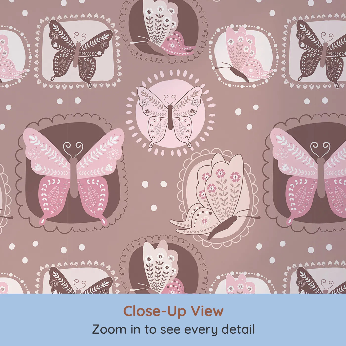 Close-up view of Whimsy Tots' Folk Garden Butterfly Wallpaper in Cocoa Brown (W3051A).Patterned butterflies flutter inside soft patchwork frames on warm cocoa brown.