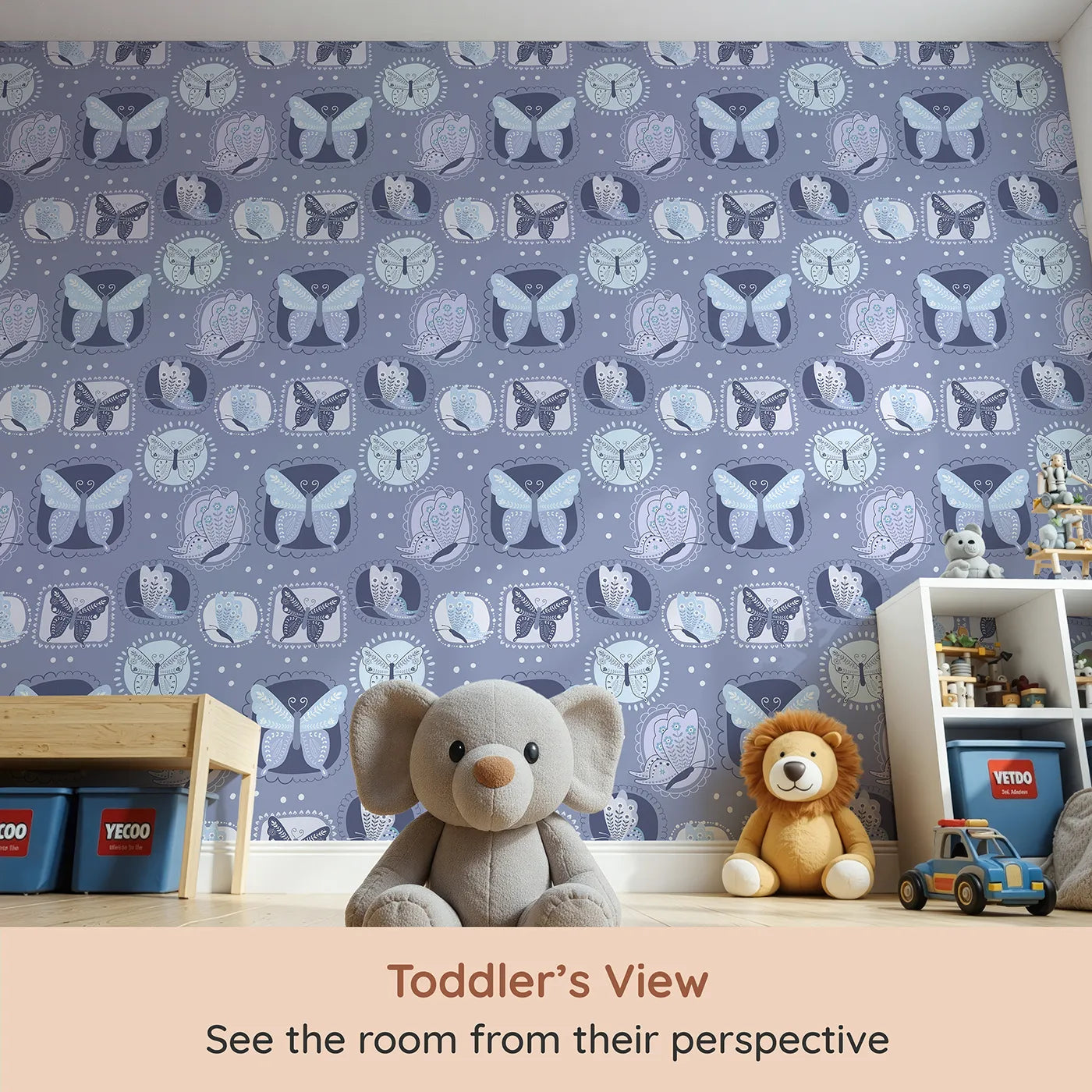 Whimsy Tots Folk Garden Butterfly Wallpaper in Indigo (W3051B) from your child's view.Stitched butterflies float inside decorative patches on soft indigo blue.