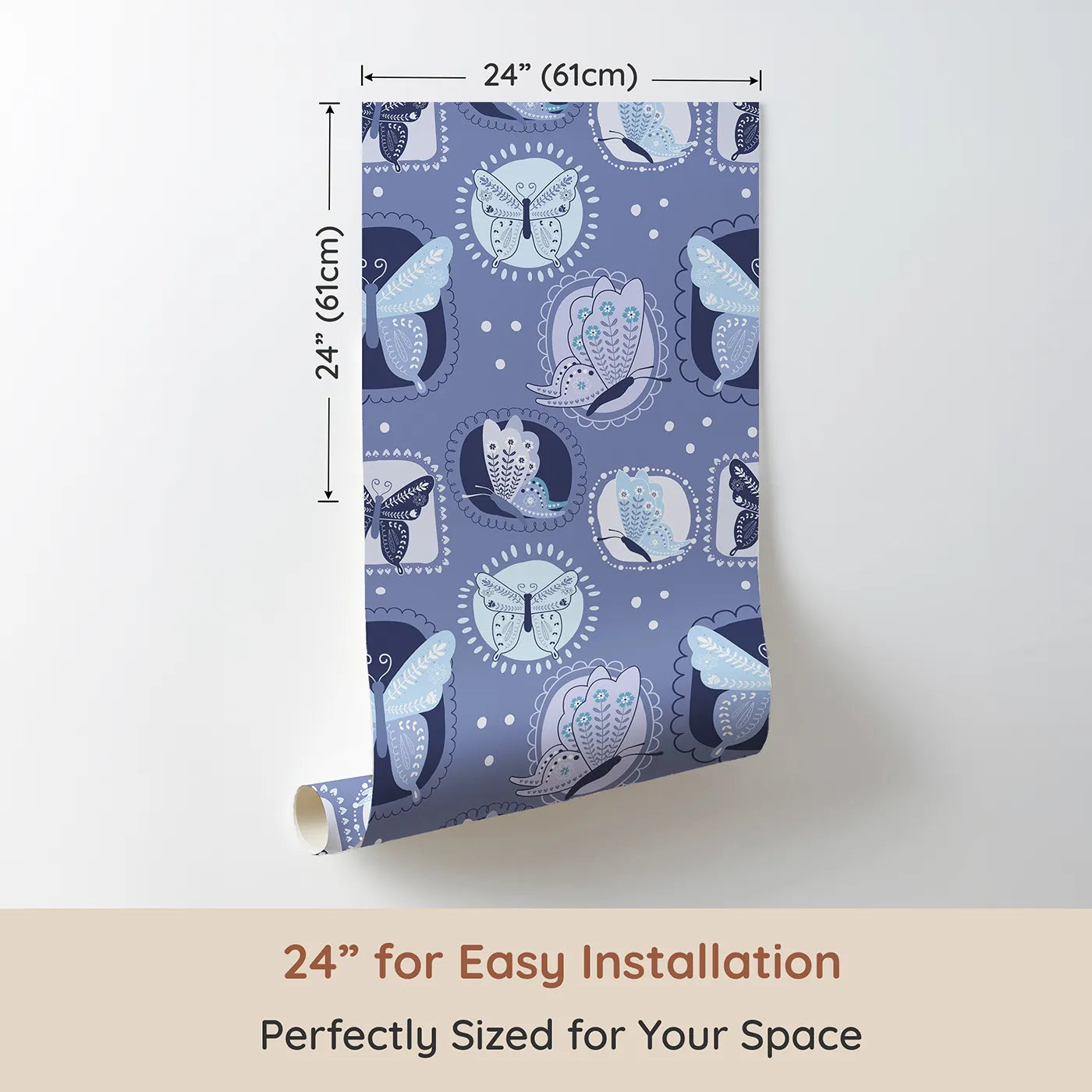 Dimension view of Whimsy Tots Folk Garden Butterfly Wallpaper in Indigo (W3051B). Printed in 24-inch-wide panel for easy installation. Stitched butterflies float inside decorative patches on soft indigo blue.