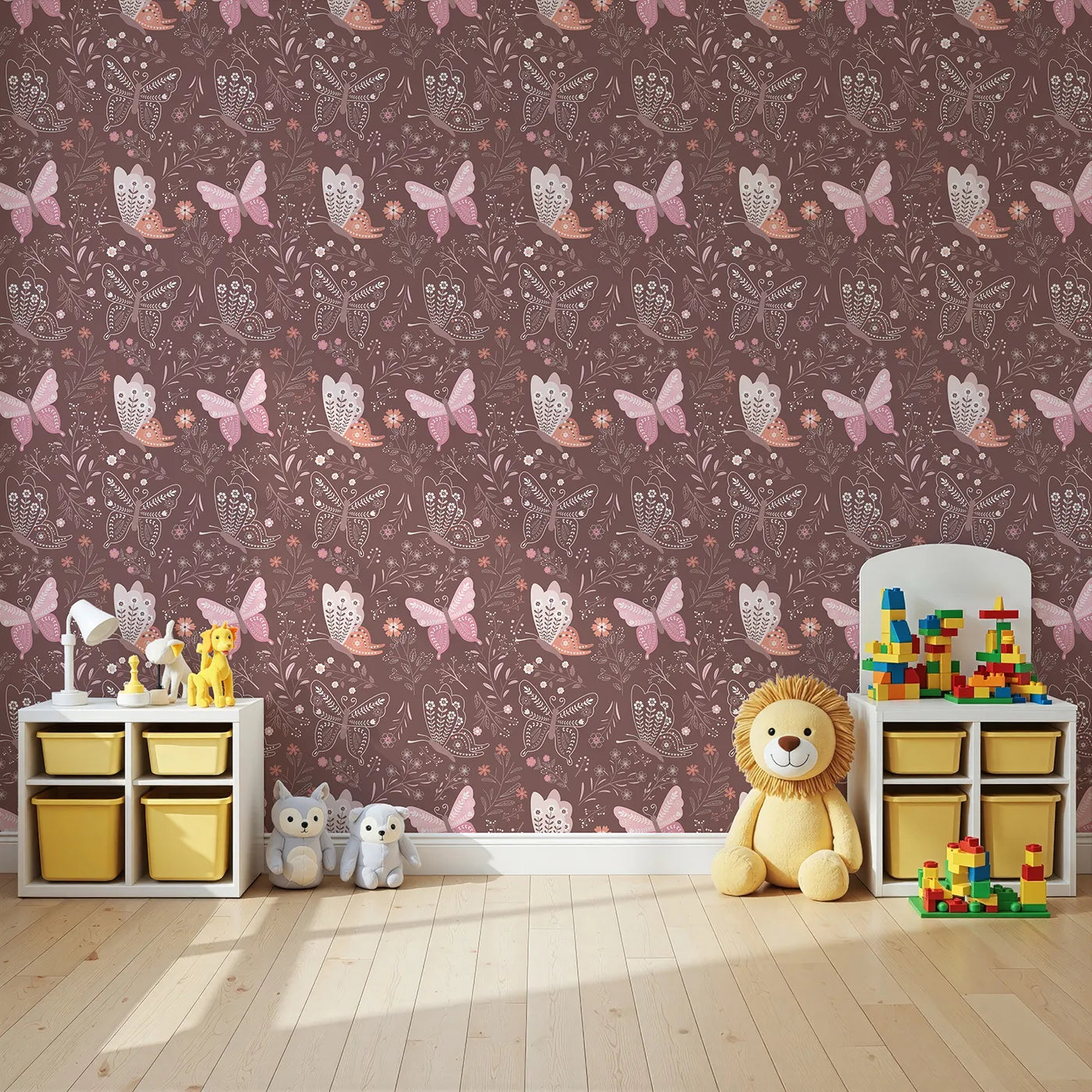 Angled view of Whimsy Tots' Wild Bloom Butterfly Wallpaper in Cocoa Rose Brown (W3052A).Ornate butterflies glide between whimsical wildflowers on a rich cocoa rose background.