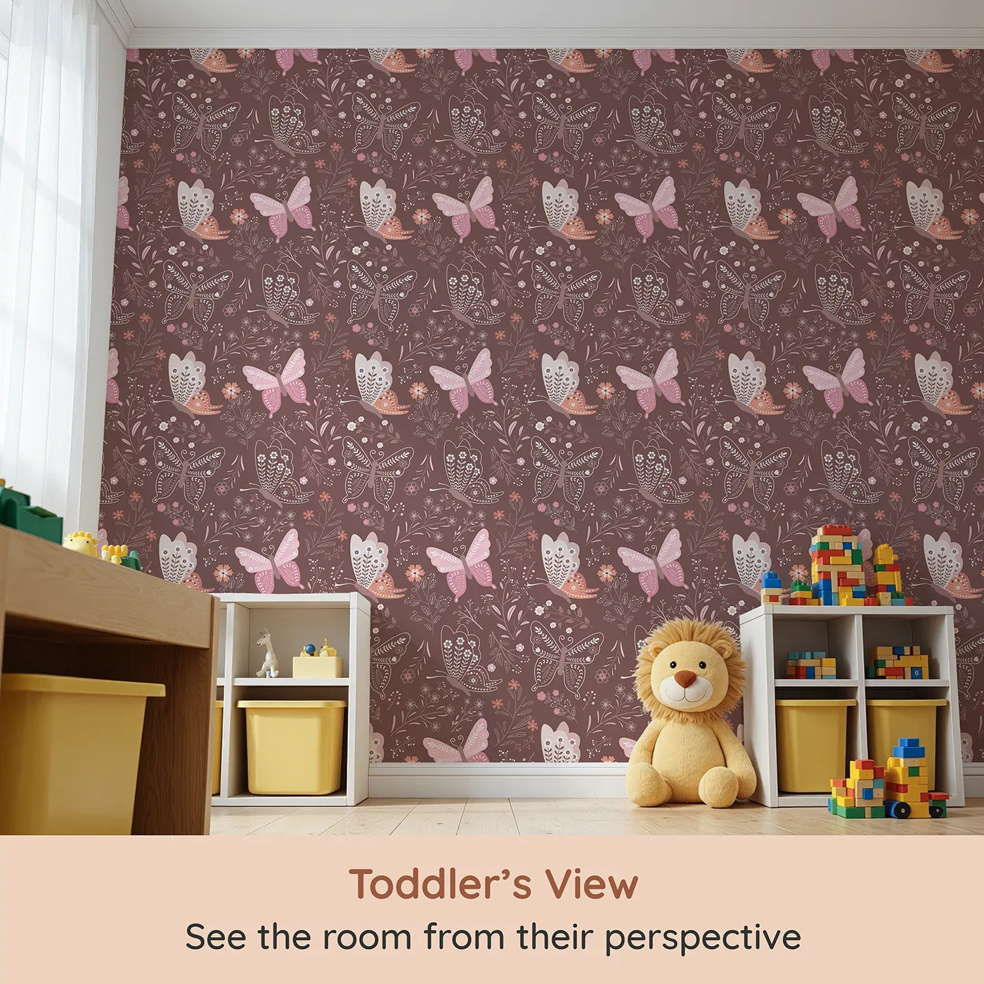 Whimsy Tots Wild Bloom Butterfly Wallpaper in Cocoa Rose Brown (W3052A) from your child's view.Ornate butterflies glide between whimsical wildflowers on a rich cocoa rose background.