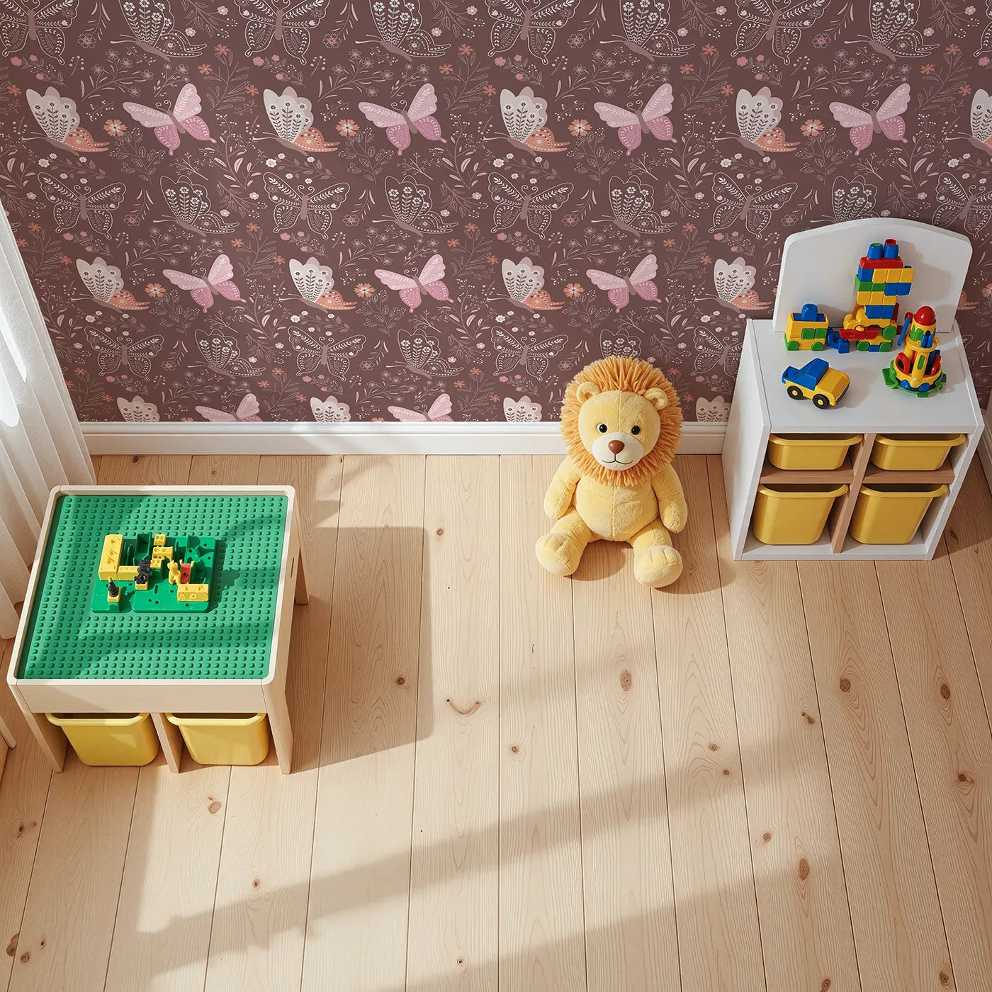 Top-Down view of Whimsy Tots' Wild Bloom Butterfly Wallpaper in Cocoa Rose Brown (W3052A).Ornate butterflies glide between whimsical wildflowers on a rich cocoa rose background.