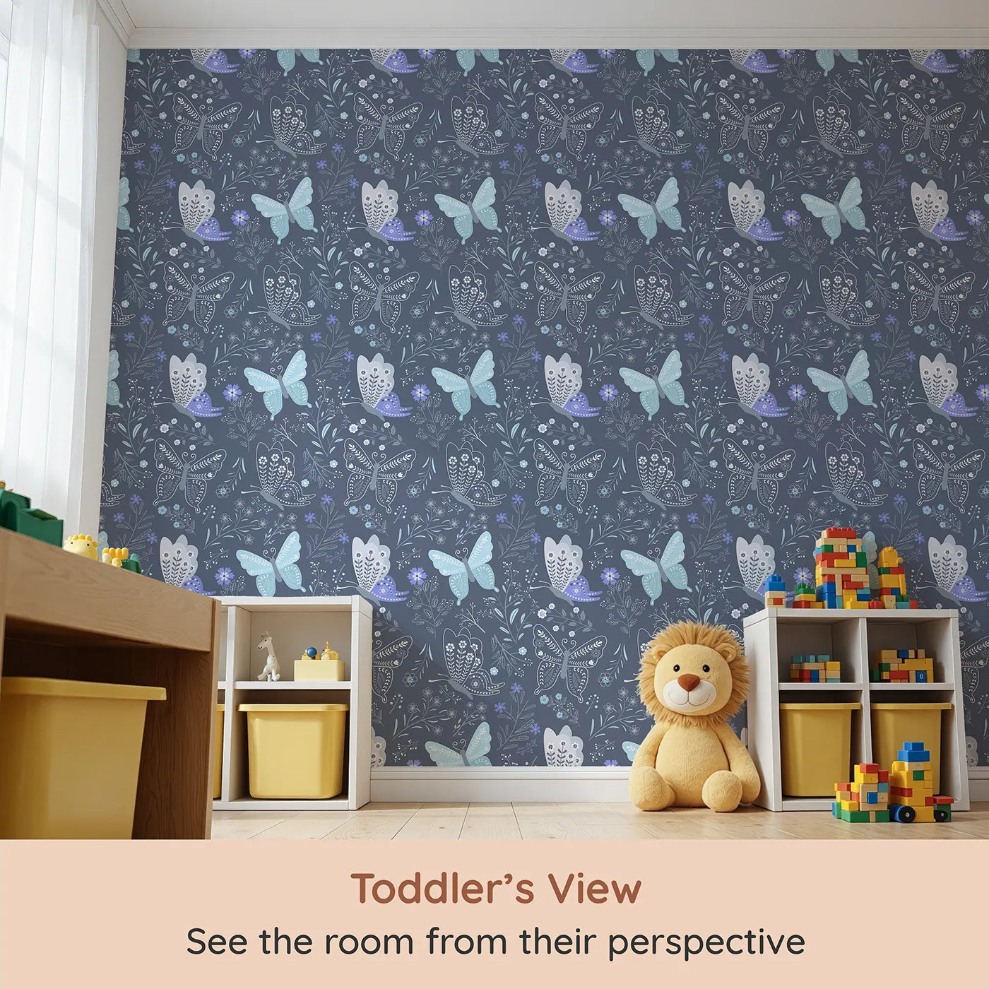 Whimsy Tots Wild Bloom Butterfly Wallpaper in Twilight Blue (W3052B) from your child's view.Lacy butterflies and blooming vines dance across a dusky twilight blue field.