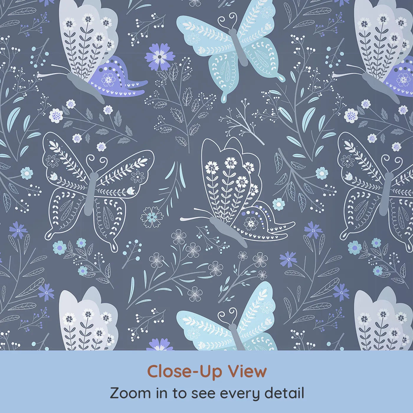 Close-up view of Whimsy Tots' Wild Bloom Butterfly Wallpaper in Twilight Blue (W3052B).Lacy butterflies and blooming vines dance across a dusky twilight blue field.