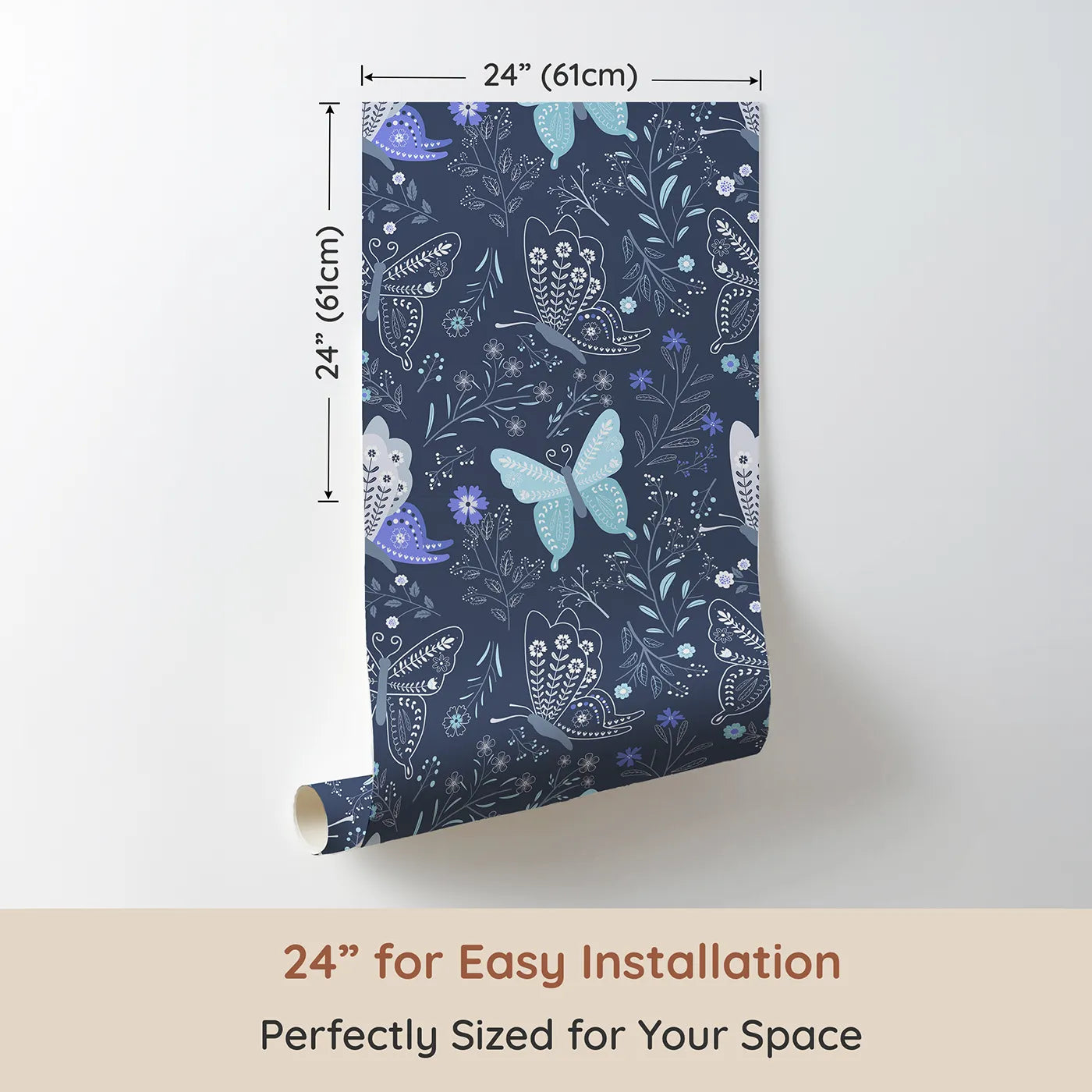 Dimension view of Whimsy Tots Wild Bloom Butterfly Wallpaper in Twilight Blue (W3052B). Printed in 24-inch-wide panel for easy installation. Lacy butterflies and blooming vines dance across a dusky twilight blue field.