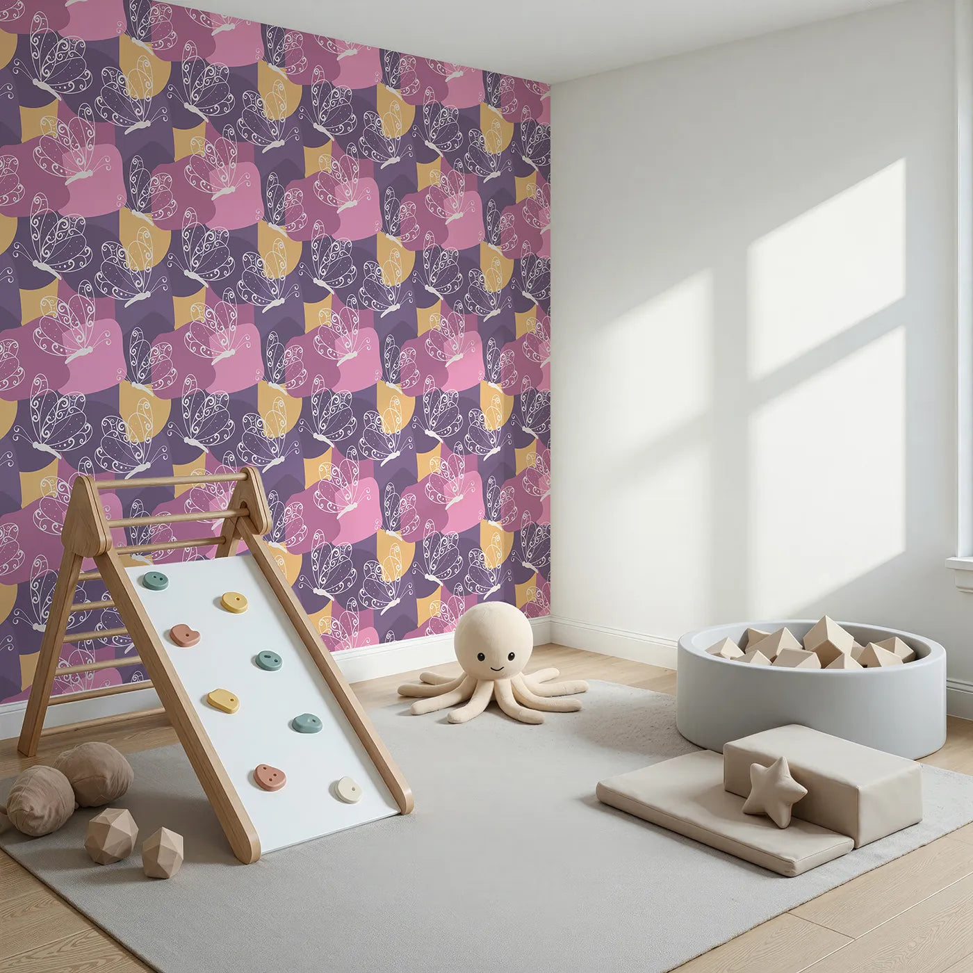 Angled view of Whimsy Tots' Flutter Dance Butterfly Wallpaper in Purple Mix (W3053).Delicate butterflies swirl across a sea of playful purples and pinks.
