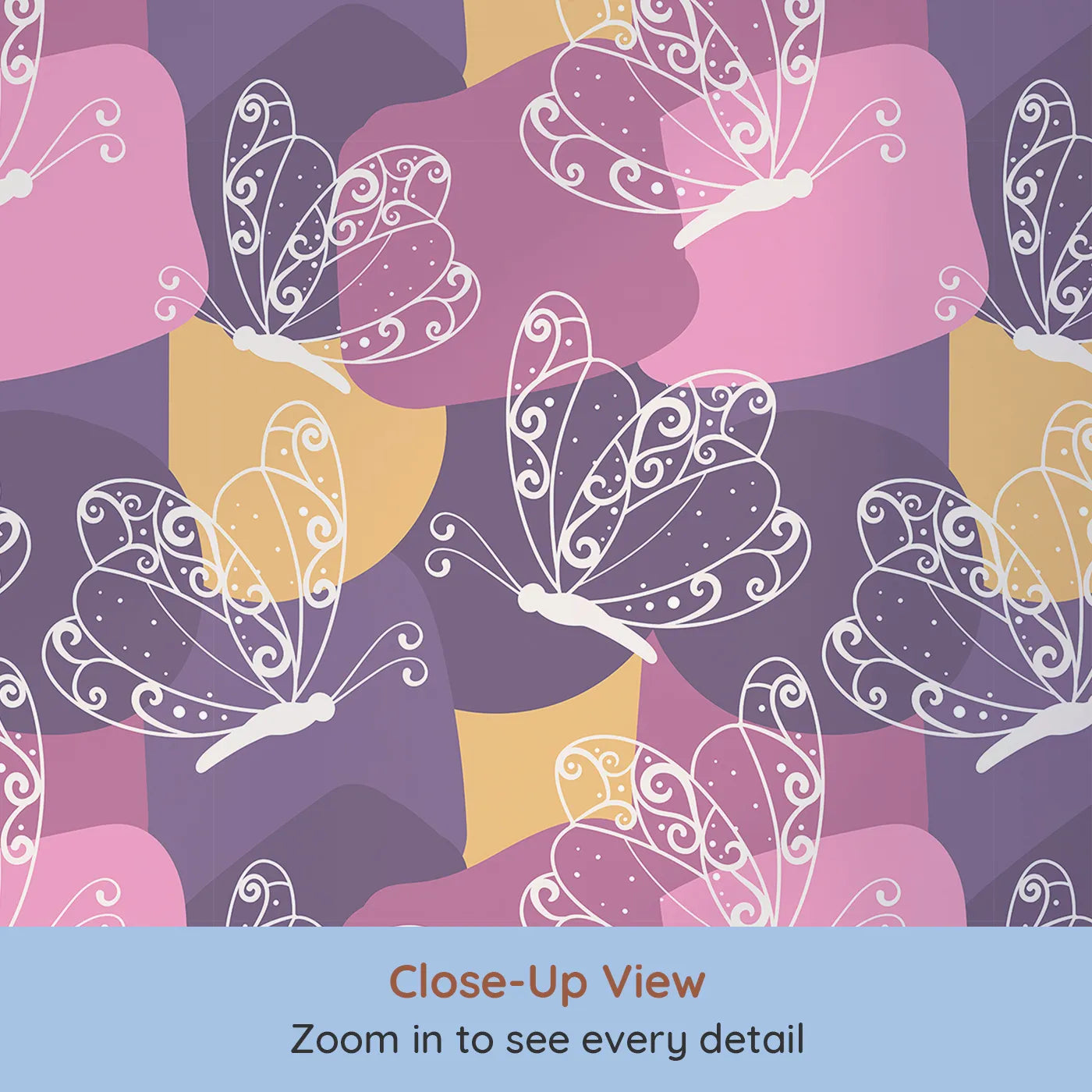 Close-up view of Whimsy Tots' Flutter Dance Butterfly Wallpaper in Purple Mix (W3053).Delicate butterflies swirl across a sea of playful purples and pinks.