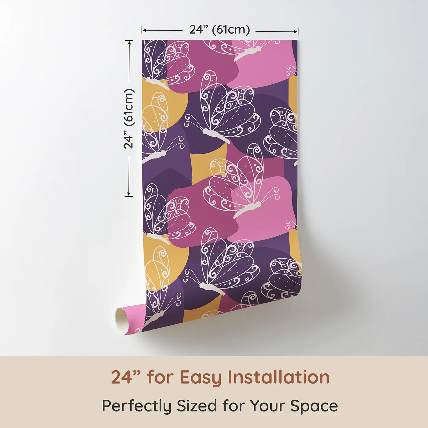 Dimension view of Whimsy Tots Flutter Dance Butterfly Wallpaper in Purple Mix (W3053). Printed in 24-inch-wide panel for easy installation. Delicate butterflies swirl across a sea of playful purples and pinks.