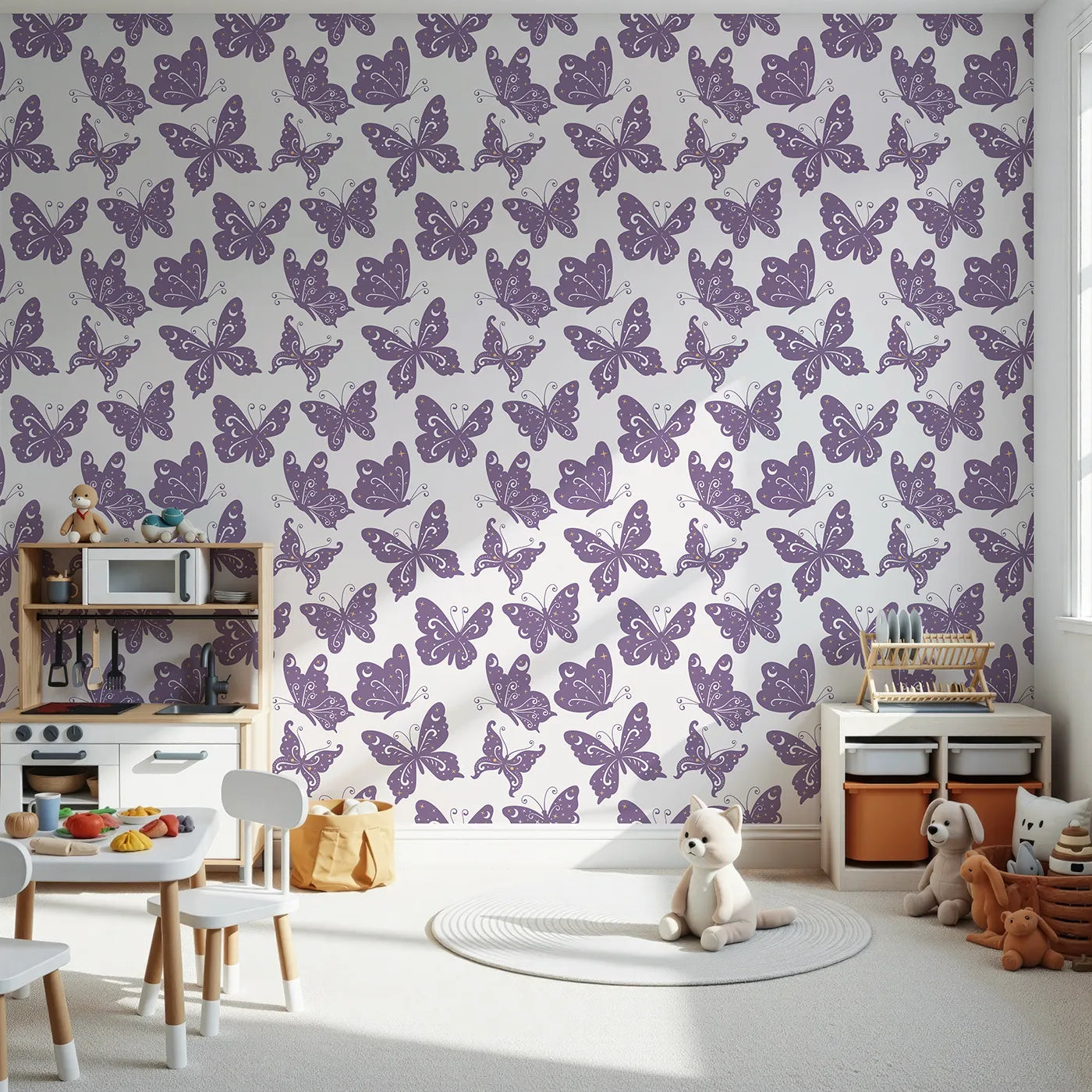 Front view of Whimsy Tots' Celestial Wings Butterfly Wallpaper in Lilac Lavender