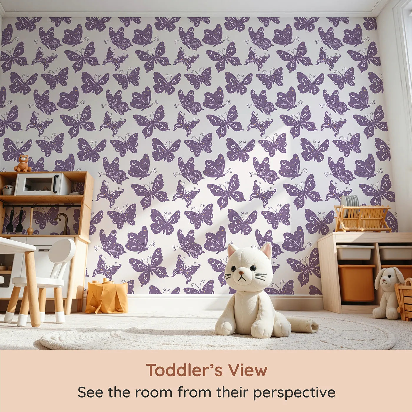 Whimsy Tots Celestial Wings Butterfly Wallpaper in Lilac Lavender (W3054A) from your child's view.Whimsical butterflies glow with moonlight magic and twinkling stars.