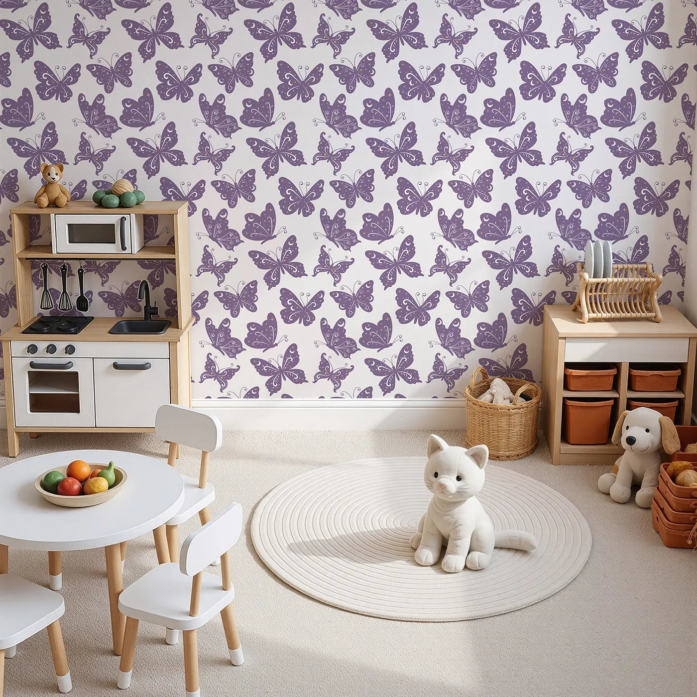 Top-Down view of Whimsy Tots' Celestial Wings Butterfly Wallpaper in Lilac Lavender (W3054A).Whimsical butterflies glow with moonlight magic and twinkling stars.