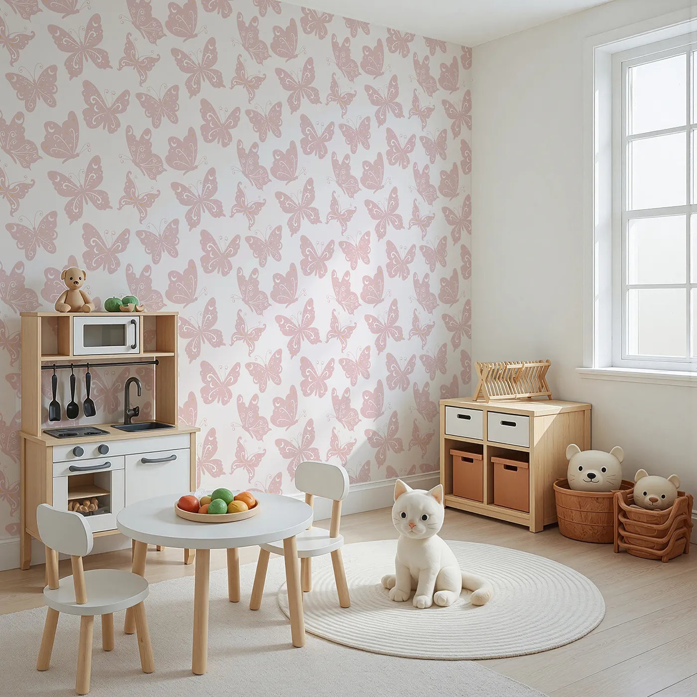 Angled view of Whimsy Tots' Celestial Wings Butterfly Wallpaper in Blush Pink (W3054B).Stardust butterflies float through soft pink moonlight.