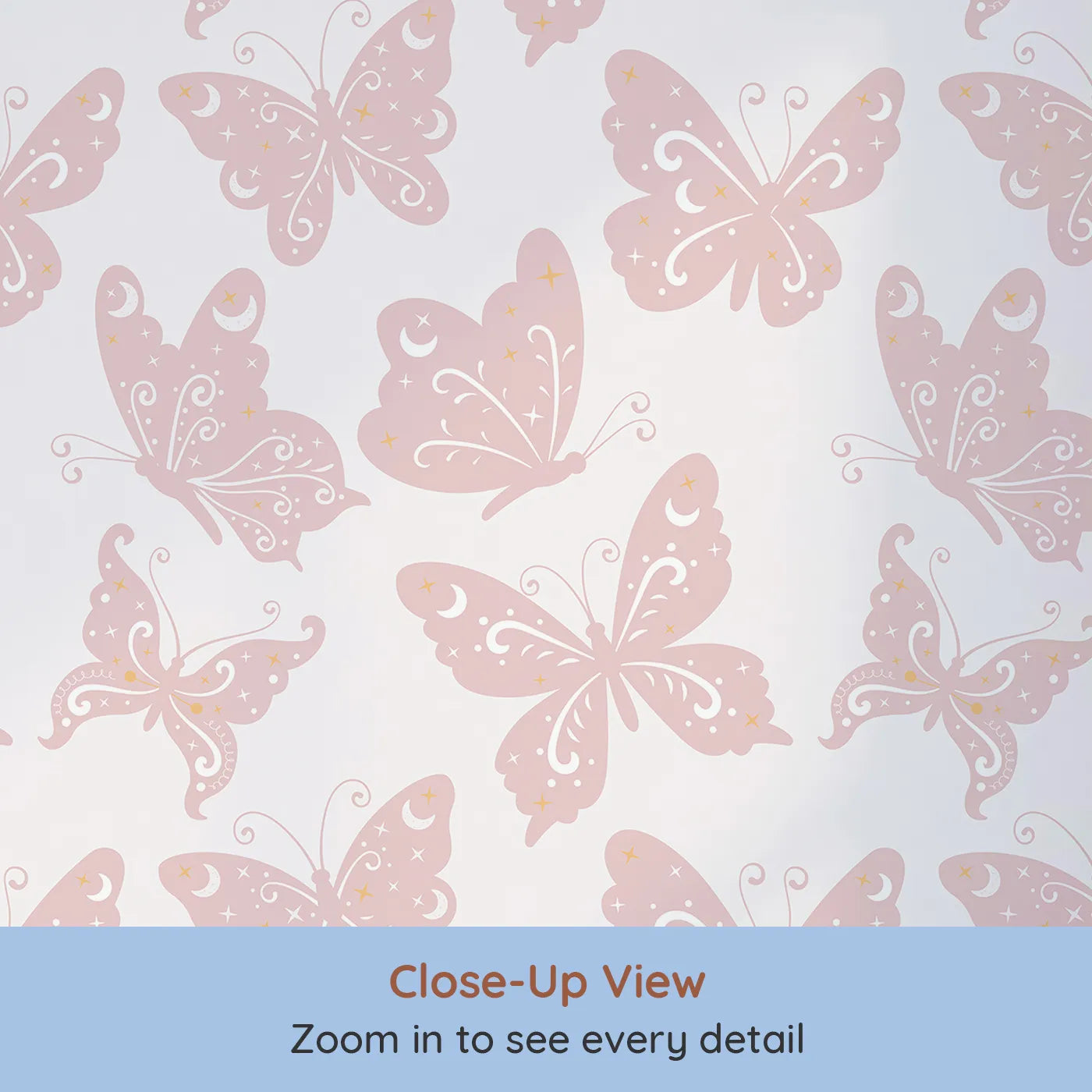 Close-up view of Whimsy Tots' Celestial Wings Butterfly Wallpaper in Blush Pink (W3054B).Stardust butterflies float through soft pink moonlight.