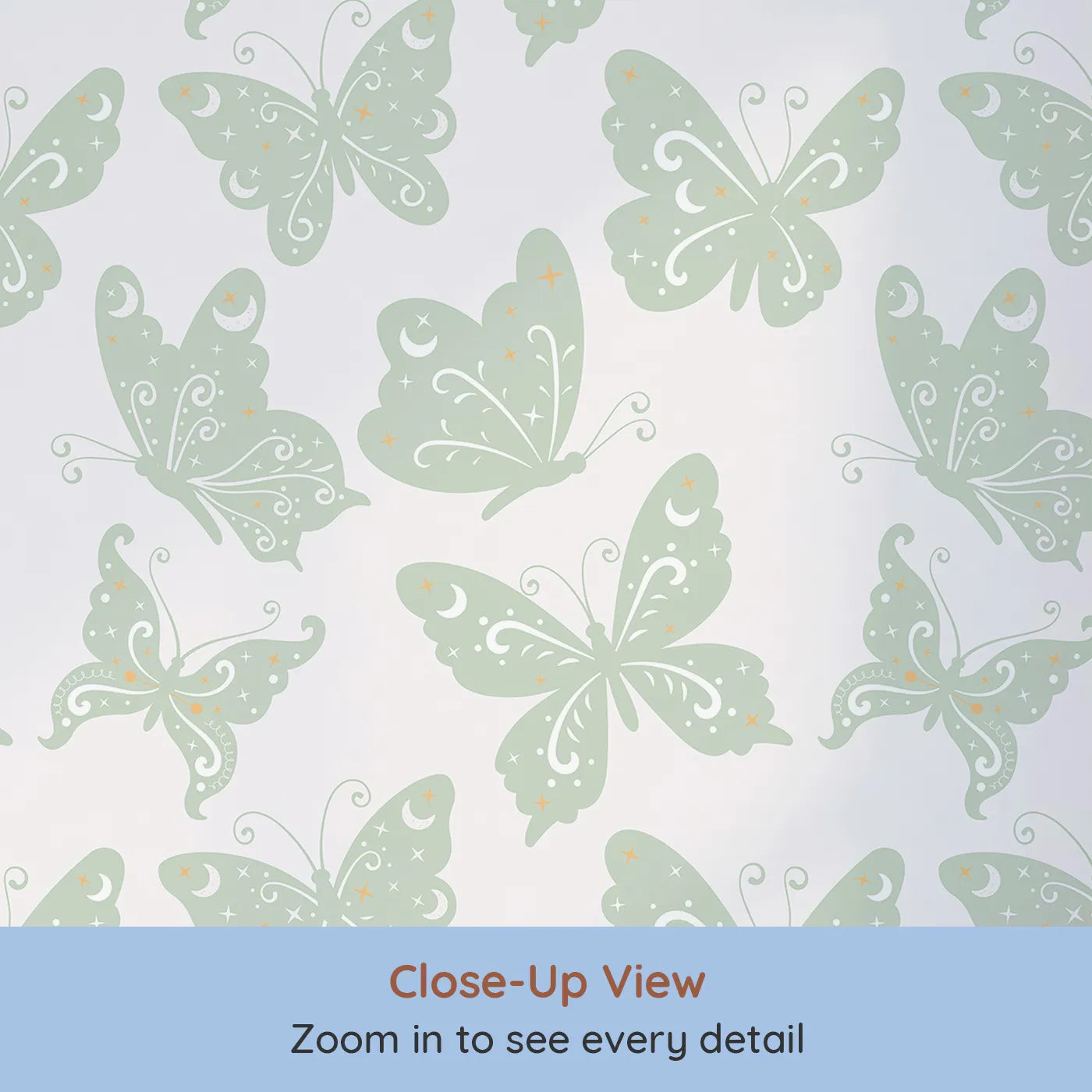 Close-up view of Whimsy Tots' Celestial Wings Butterfly Wallpaper in Mint Green (W3054D).Minty butterflies glide gently through a sky of moonlight and sparkles.