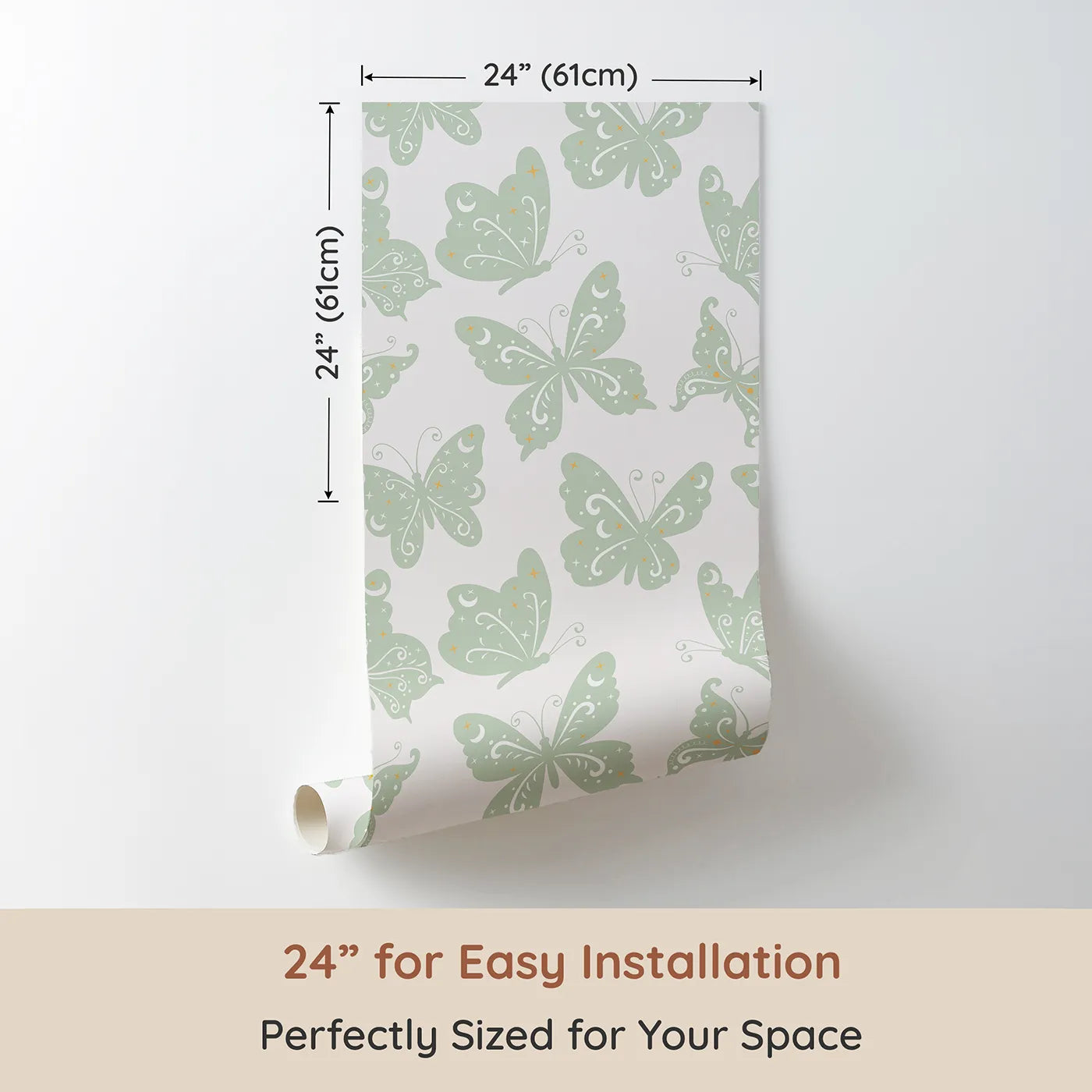 Dimension view of Whimsy Tots Celestial Wings Butterfly Wallpaper in Mint Green (W3054D). Printed in 24-inch-wide panel for easy installation. Minty butterflies glide gently through a sky of moonlight and sparkles.