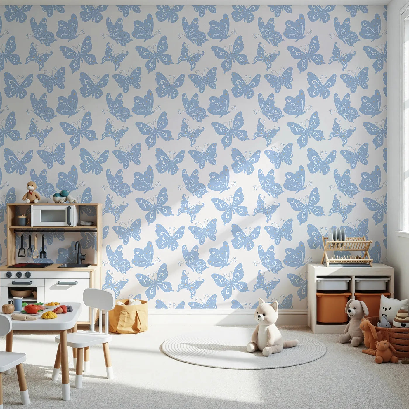 Front view of Whimsy Tots' Celestial Wings Butterfly Wallpaper in Baby Blue