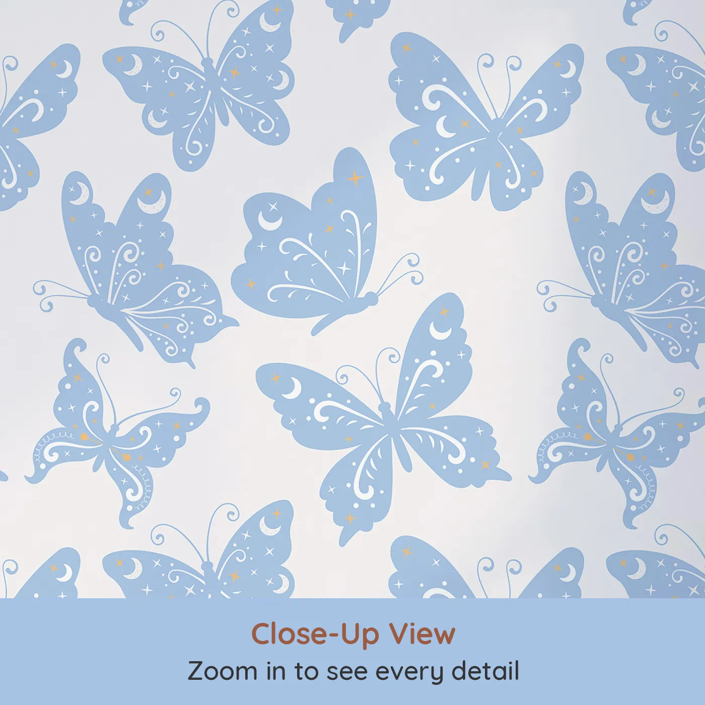 Close-up view of Whimsy Tots' Celestial Wings Butterfly Wallpaper in Baby Blue (W3054E).Blue butterflies shimmer with moonlight magic and twinkling stars.