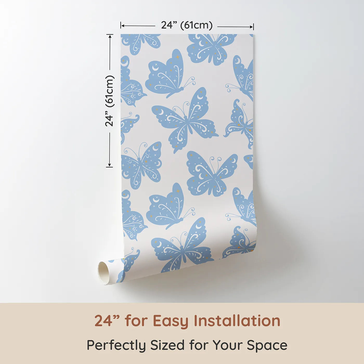 Dimension view of Whimsy Tots Celestial Wings Butterfly Wallpaper in Baby Blue (W3054E). Printed in 24-inch-wide panel for easy installation. Blue butterflies shimmer with moonlight magic and twinkling stars.