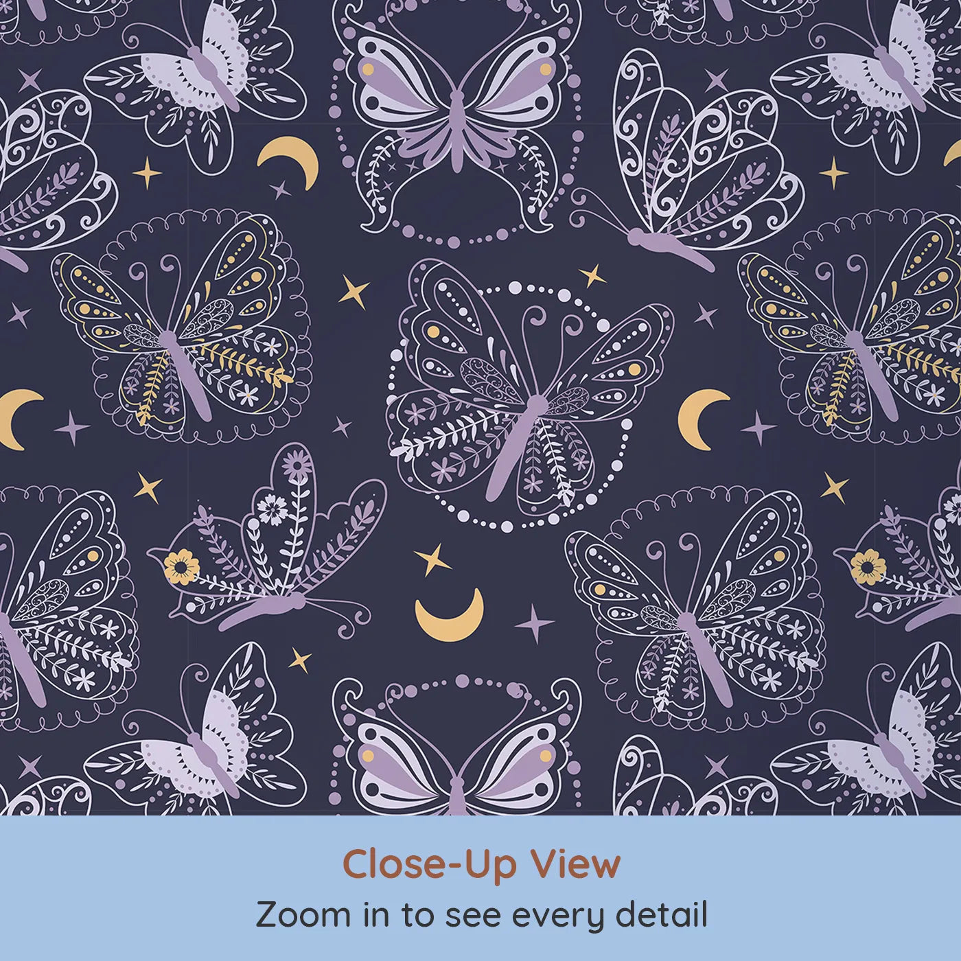 Close-up view of Whimsy Tots' Starglow Garden Butterfly Wallpaper in Midnight Navy Blue (W3055A).Floral-winged butterflies twirl beneath crescent moons and golden stars.