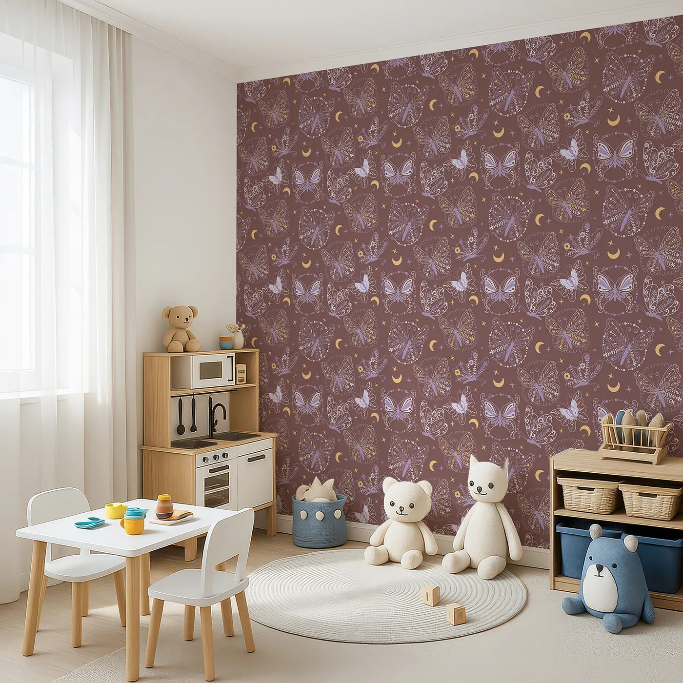 Angled view of Whimsy Tots' Starglow Garden Butterfly Wallpaper in Rosewood Pink (W3055C).Botanical butterflies flutter beneath golden stars on a warm rosewood sky.