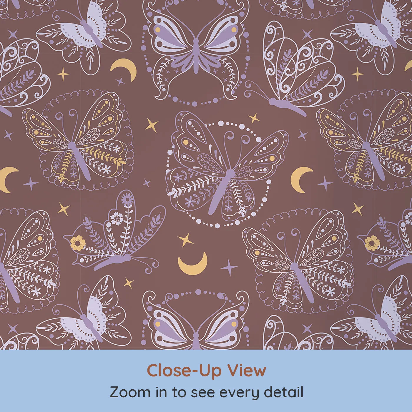 Close-up view of Whimsy Tots' Starglow Garden Butterfly Wallpaper in Rosewood Pink (W3055C).Botanical butterflies flutter beneath golden stars on a warm rosewood sky.