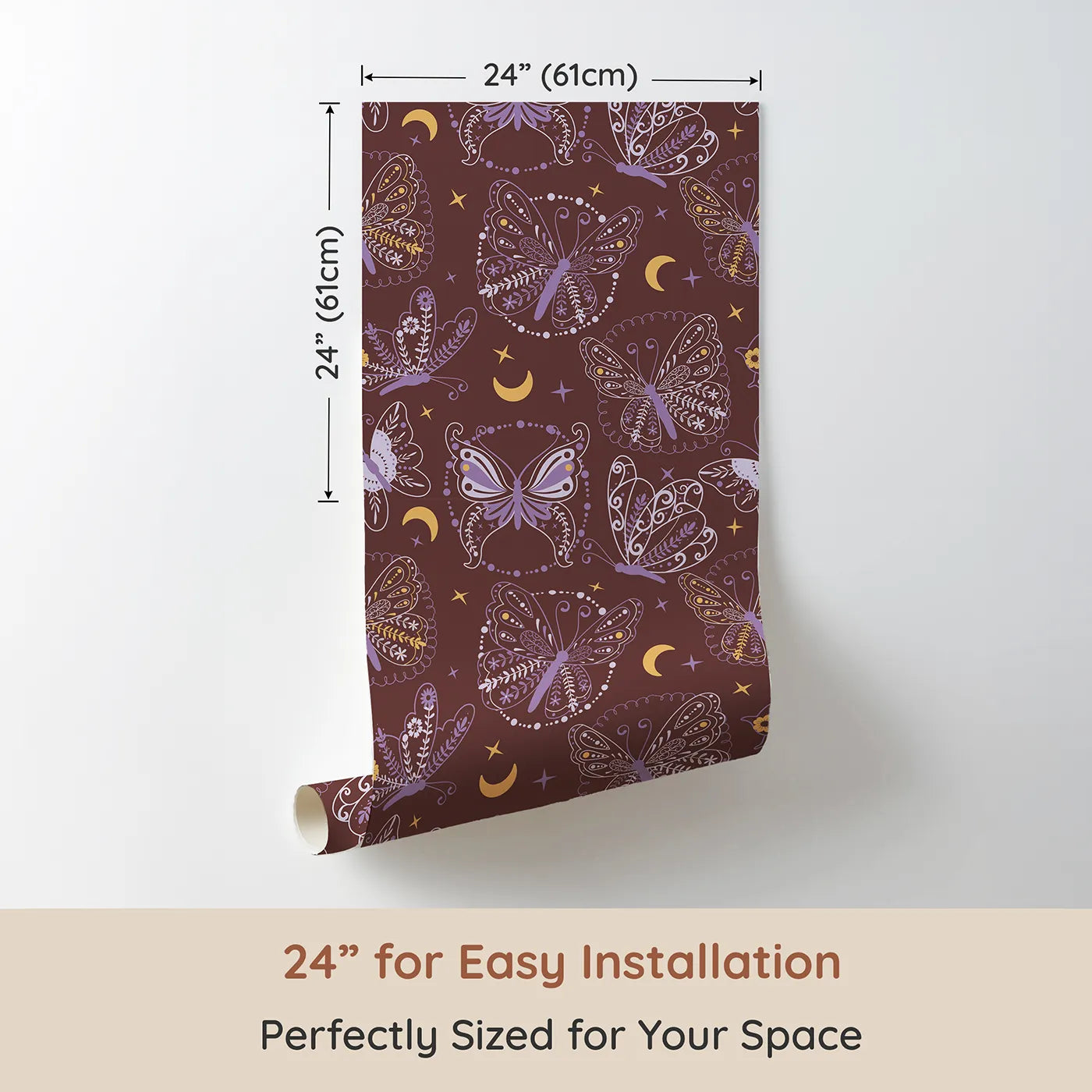 Dimension view of Whimsy Tots Starglow Garden Butterfly Wallpaper in Rosewood Pink (W3055C). Printed in 24-inch-wide panel for easy installation. Botanical butterflies flutter beneath golden stars on a warm rosewood sky.