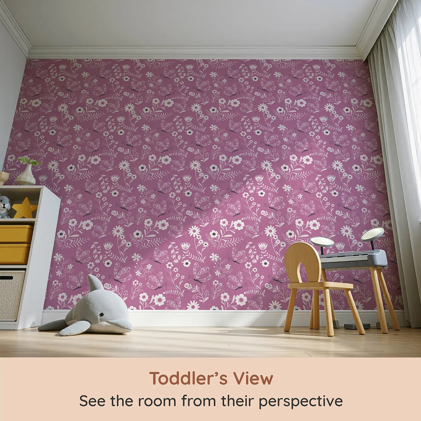 Whimsy Tots Floral Flutter Butterfly Wallpaper in Berry Pink (W3056A) from your child's view.Curly-winged butterflies dance among sketchy white florals on berry pink.