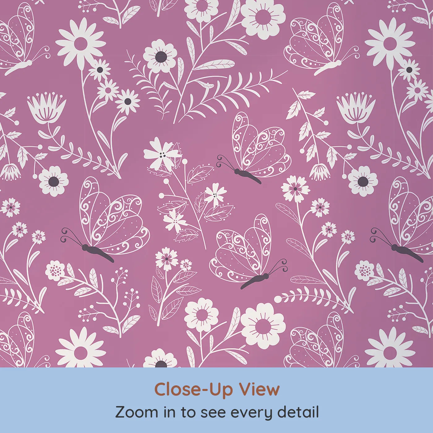 Close-up view of Whimsy Tots' Floral Flutter Butterfly Wallpaper in Berry Pink (W3056A).Curly-winged butterflies dance among sketchy white florals on berry pink.