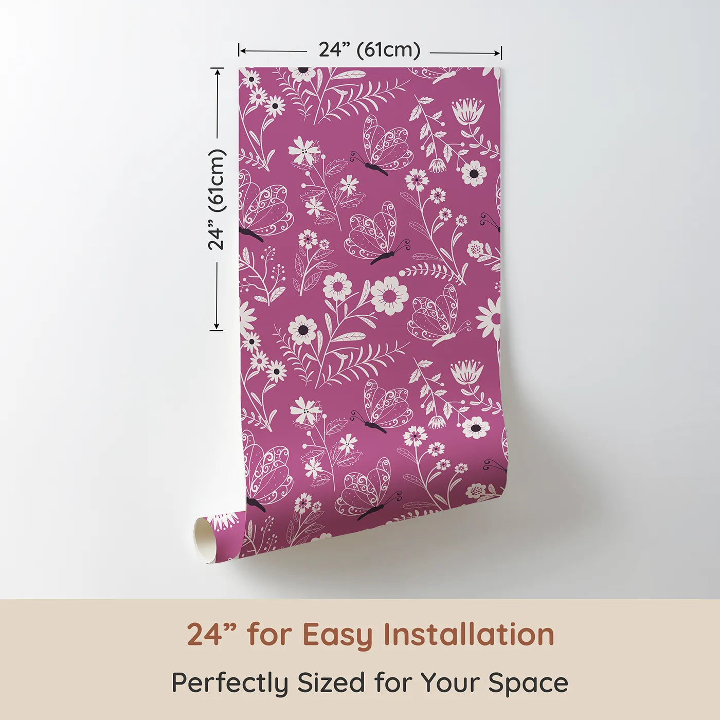 Dimension view of Whimsy Tots Floral Flutter Butterfly Wallpaper in Berry Pink (W3056A). Printed in 24-inch-wide panel for easy installation. Curly-winged butterflies dance among sketchy white florals on berry pink.