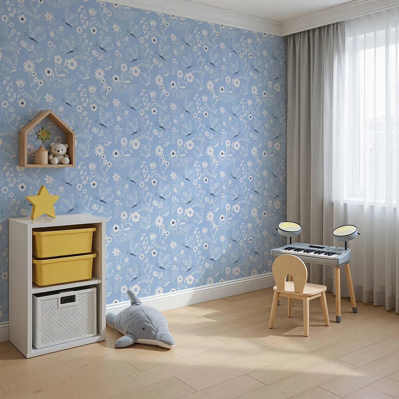Angled view of Whimsy Tots' Floral Flutter Butterfly Wallpaper in Powder Blue (W3056B).Curly butterflies and sketchy florals bloom on a soft powder blue field.