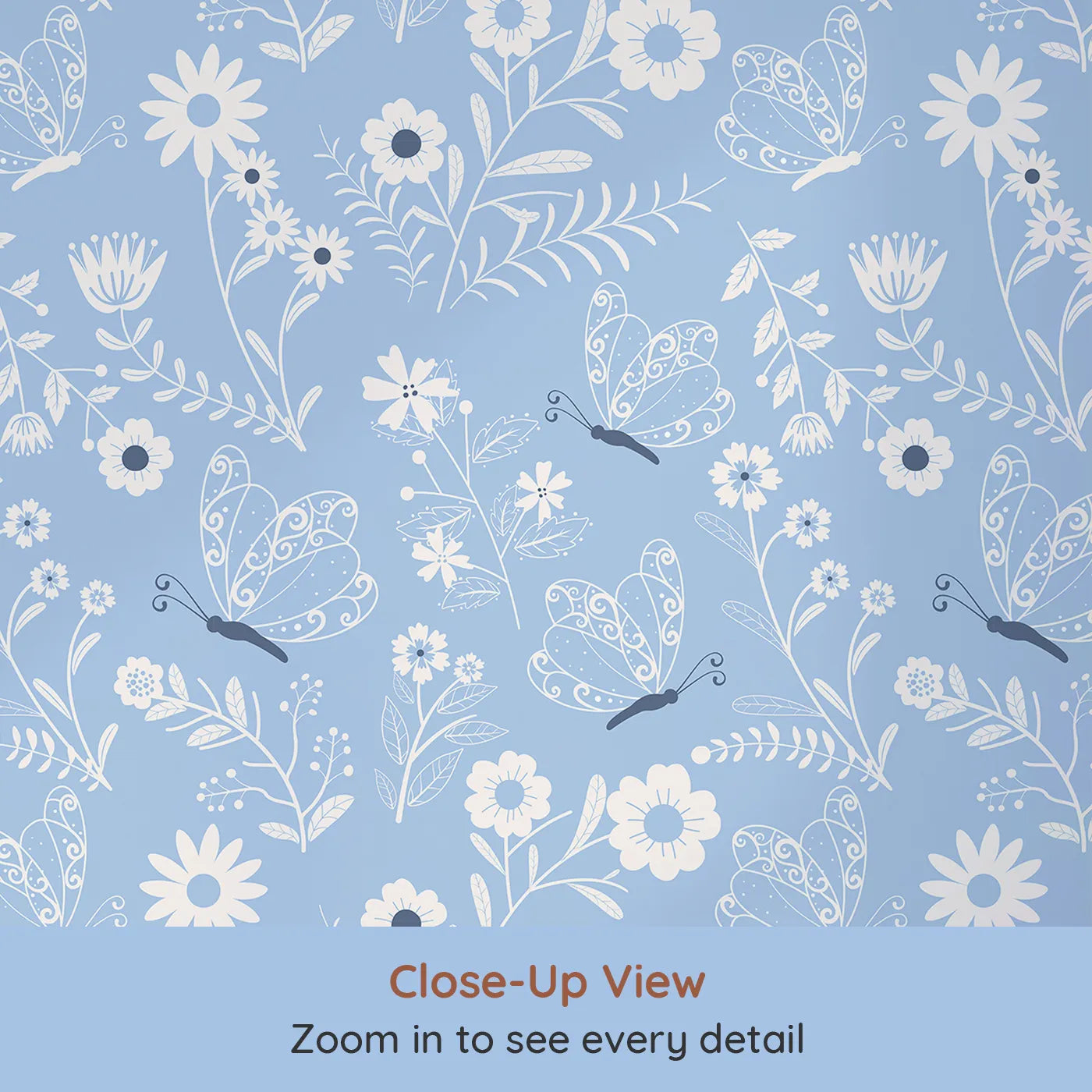 Close-up view of Whimsy Tots' Floral Flutter Butterfly Wallpaper in Powder Blue (W3056B).Curly butterflies and sketchy florals bloom on a soft powder blue field.