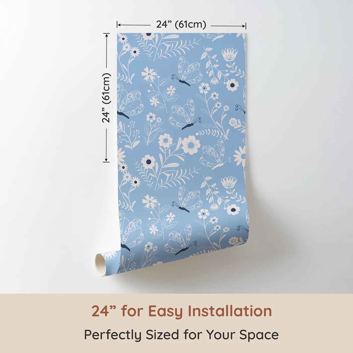 Dimension view of Whimsy Tots Floral Flutter Butterfly Wallpaper in Powder Blue (W3056B). Printed in 24-inch-wide panel for easy installation. Curly butterflies and sketchy florals bloom on a soft powder blue field.