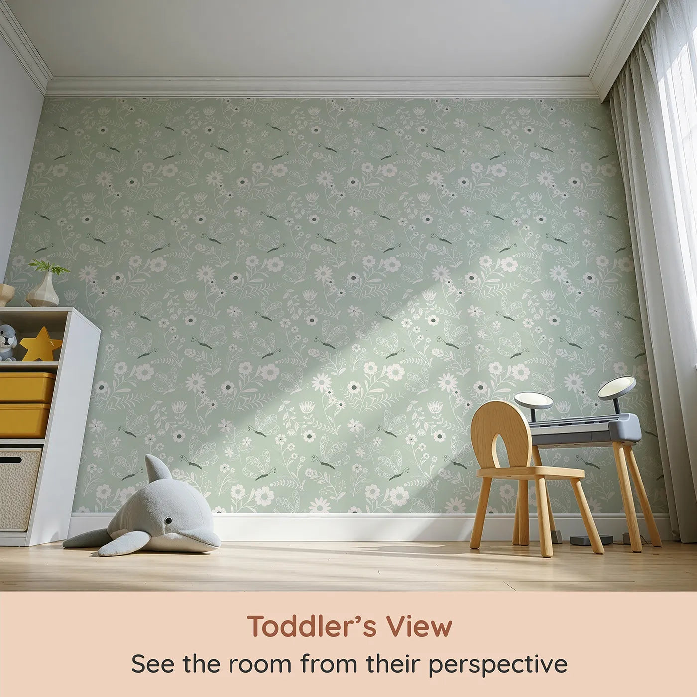 Whimsy Tots Floral Flutter Butterfly Wallpaper in Sage Green (W3056C) from your child's view.Graceful butterflies and wildflowers wander across soft sage green.