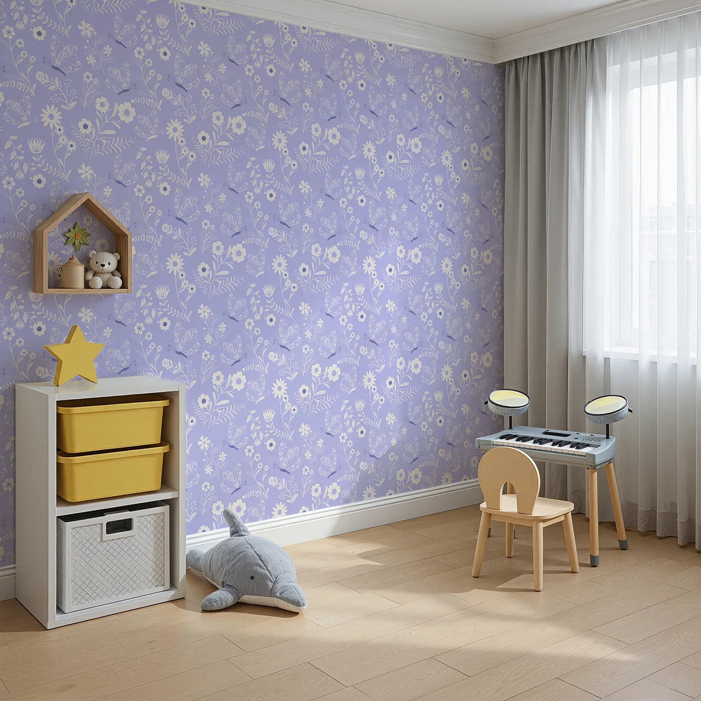 Angled view of Whimsy Tots' Floral Flutter Butterfly Wallpaper in Lavender Mist (W3056D).Butterflies and blossoms sway gently across lavender skies.