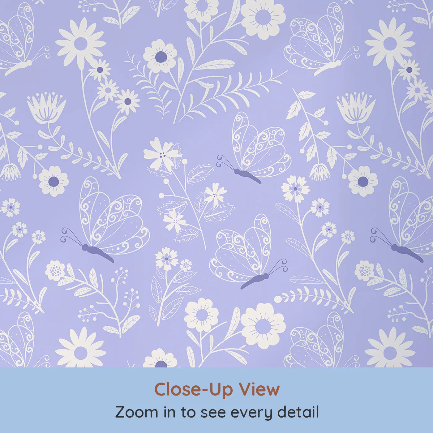 Close-up view of Whimsy Tots' Floral Flutter Butterfly Wallpaper in Lavender Mist (W3056D).Butterflies and blossoms sway gently across lavender skies.