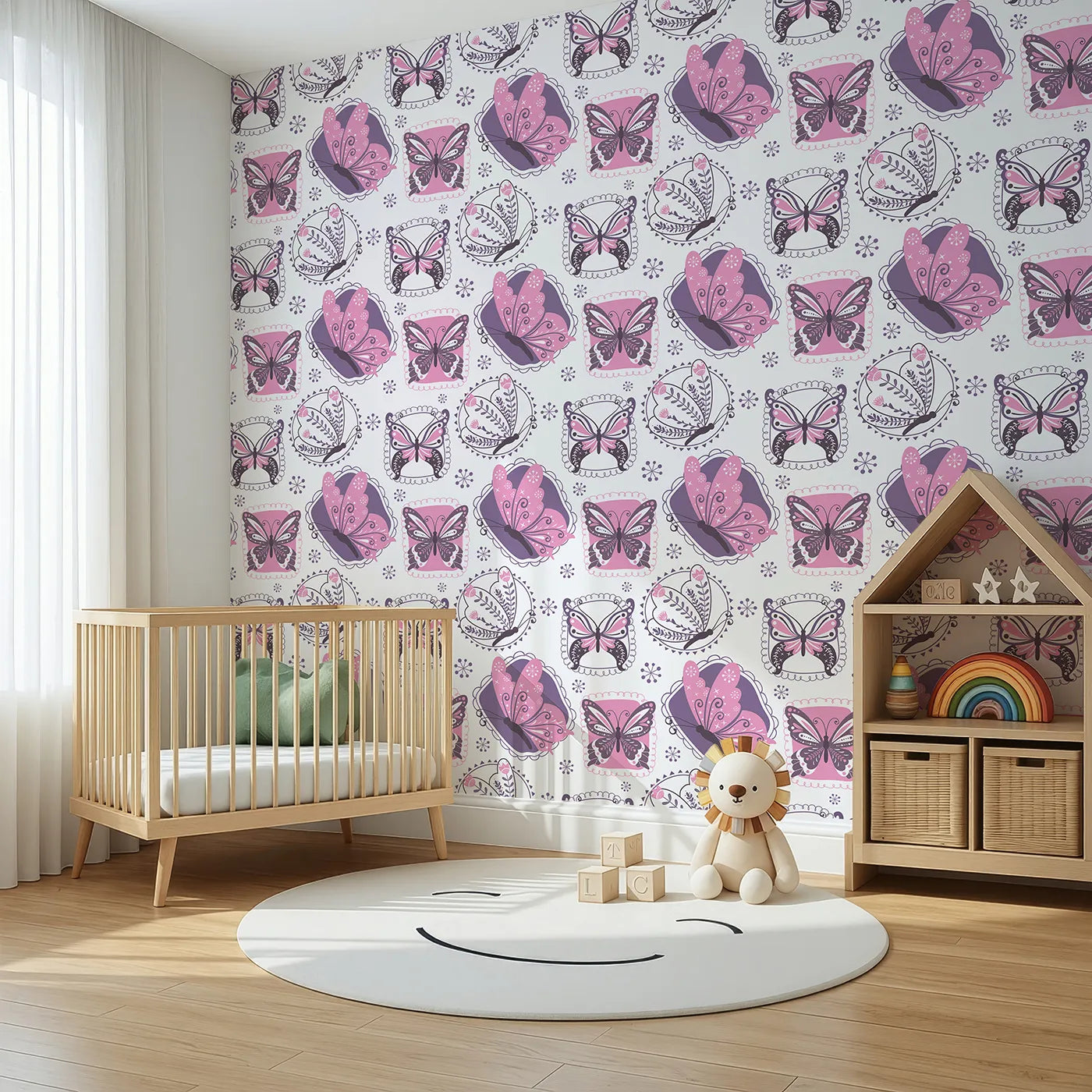 Angled view of Whimsy Tots' Patchwork Garden Butterfly Wallpaper in Pink (W3057).Bold butterflies perch inside whimsical stitched garden frames.
