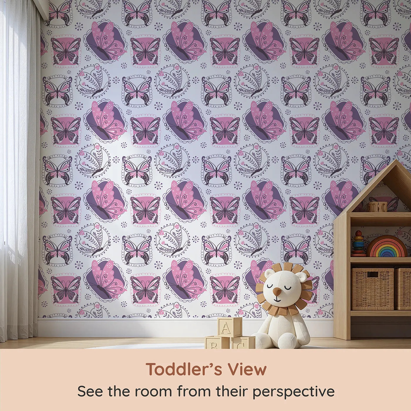 Whimsy Tots Patchwork Garden Butterfly Wallpaper in Pink (W3057) from your child's view.Bold butterflies perch inside whimsical stitched garden frames.