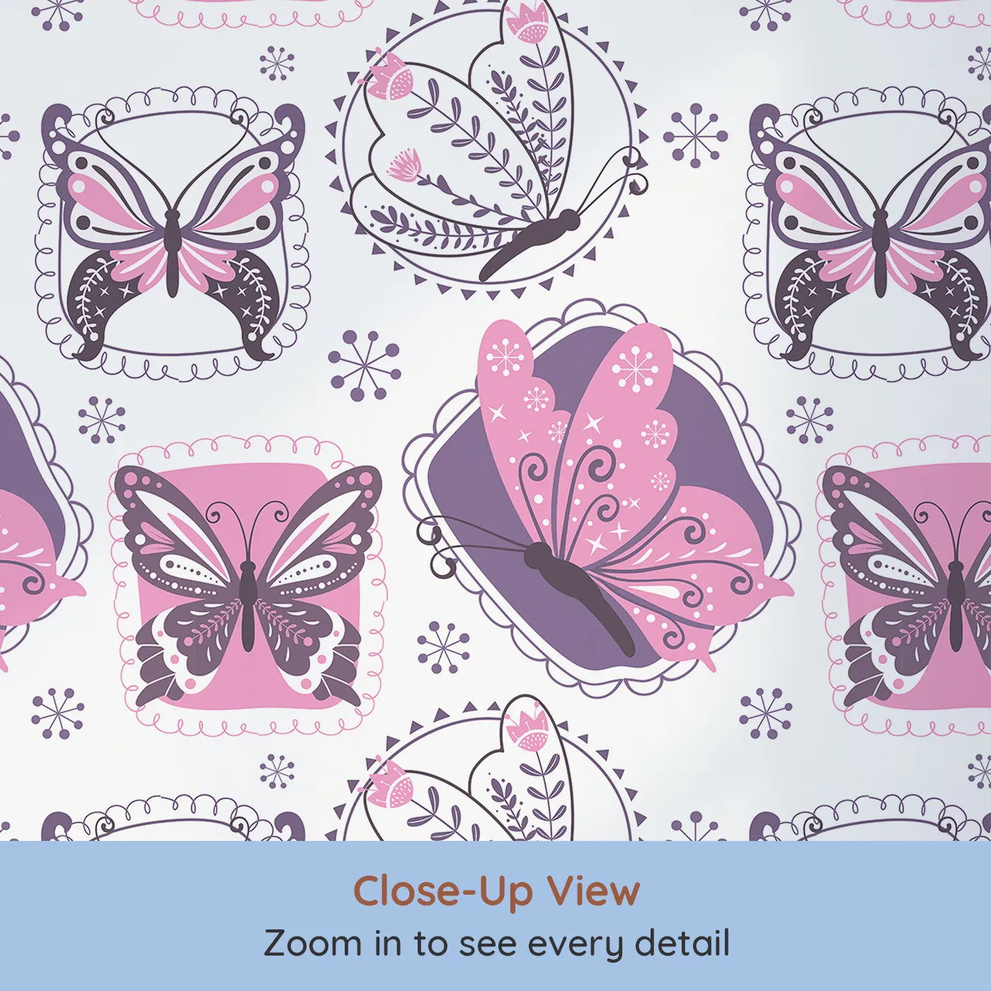 Close-up view of Whimsy Tots' Patchwork Garden Butterfly Wallpaper in Pink (W3057).Bold butterflies perch inside whimsical stitched garden frames.