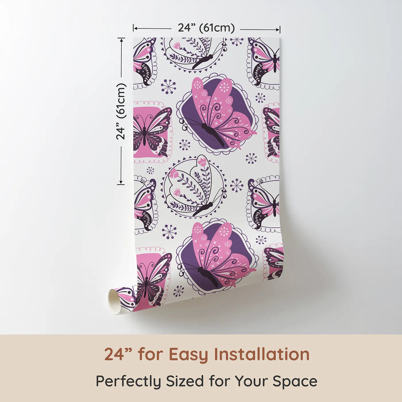 Dimension view of Whimsy Tots Patchwork Garden Butterfly Wallpaper in Pink (W3057). Printed in 24-inch-wide panel for easy installation. Bold butterflies perch inside whimsical stitched garden frames.