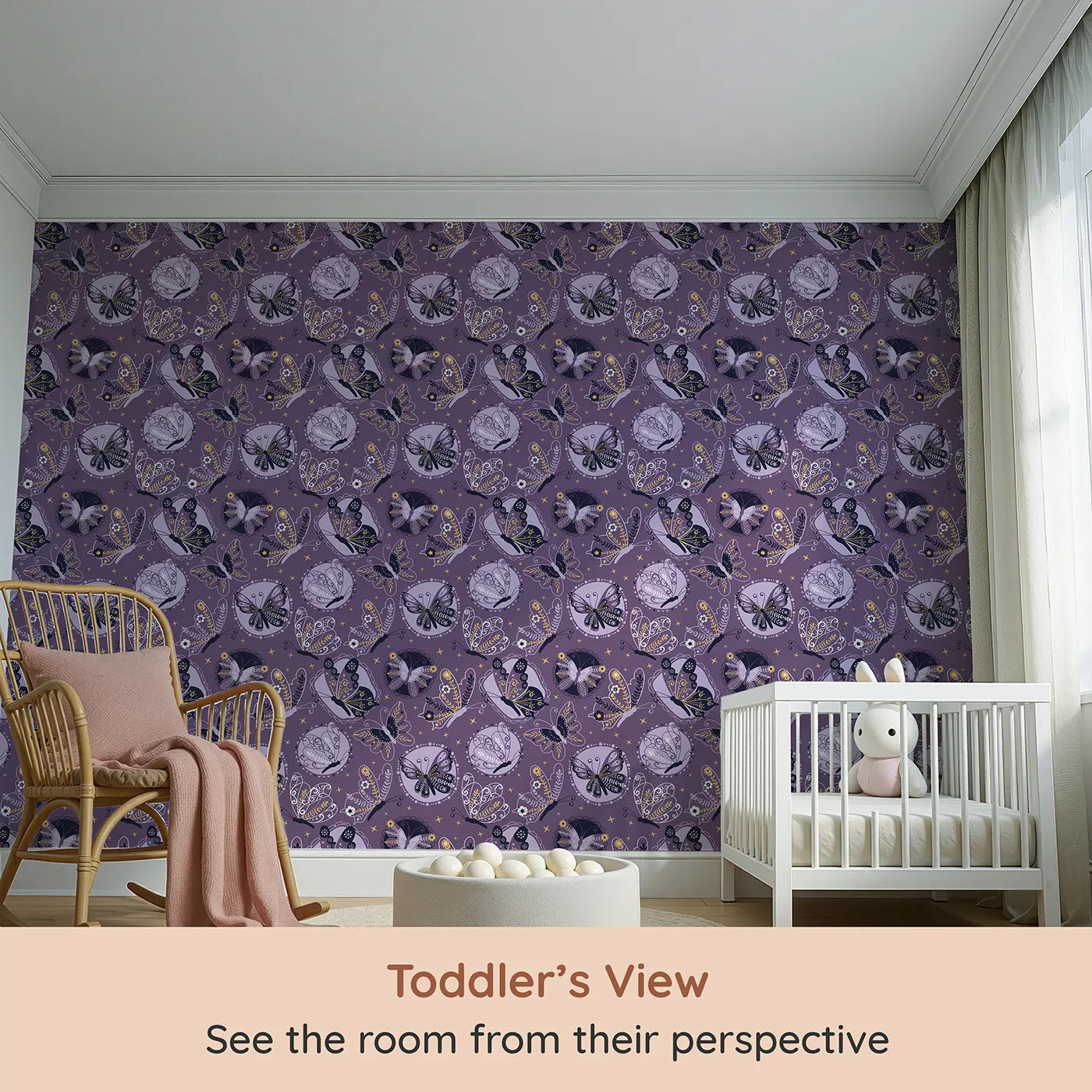 Whimsy Tots Twilight Tapestry Butterfly Wallpaper in Grape Purple (W3058) from your child's view.Ornate butterflies glide across grape skies in a stitched floral fantasy.