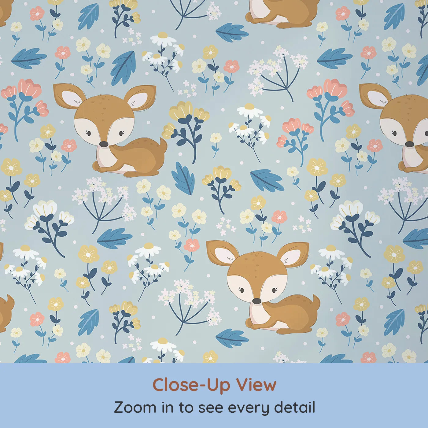 Close-up view of Whimsy Tots' Meadow Cuddles Deer Wallpaper in Sky Blue (W3059A).Sleepy baby deer rest among wildflowers and gentle blue skies.