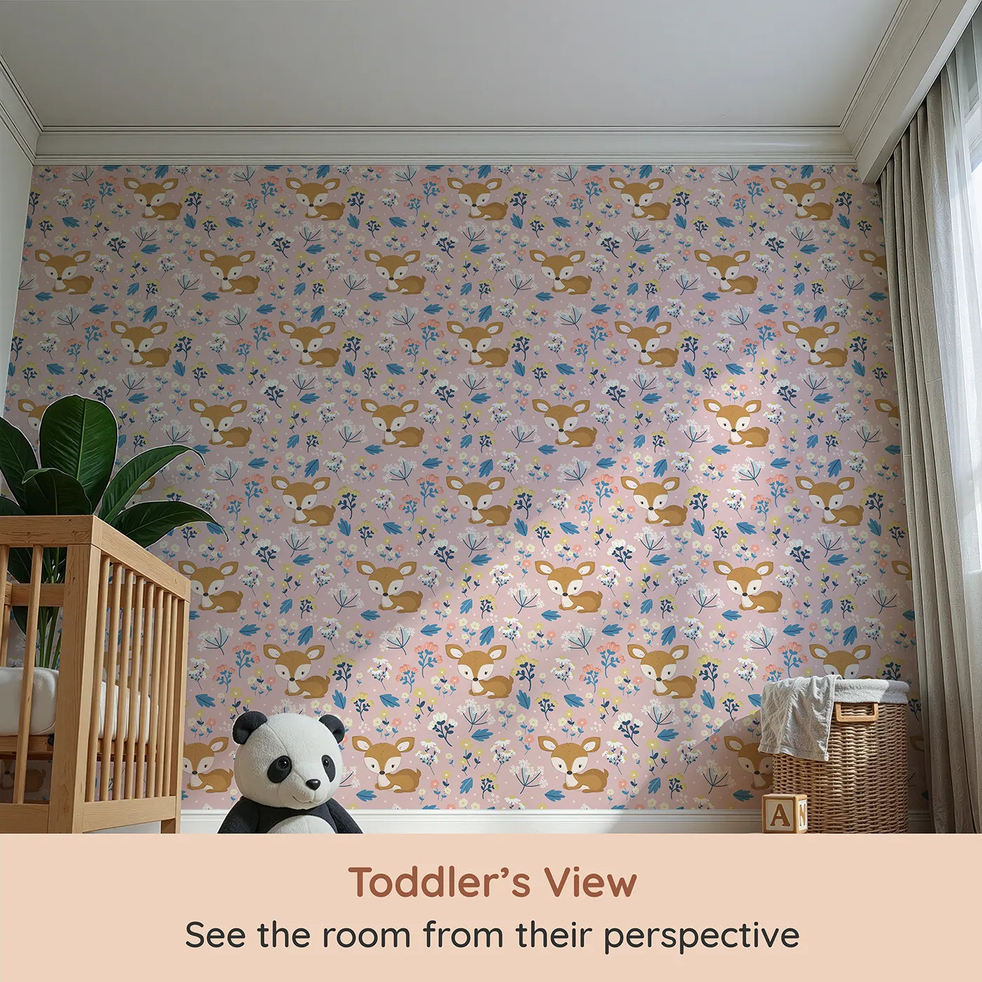 Whimsy Tots Meadow Cuddles Deer Wallpaper in Soft Sand (W3059B) from your child's view.Gentle baby deer and flowers bloom on a soft sandy beige field.