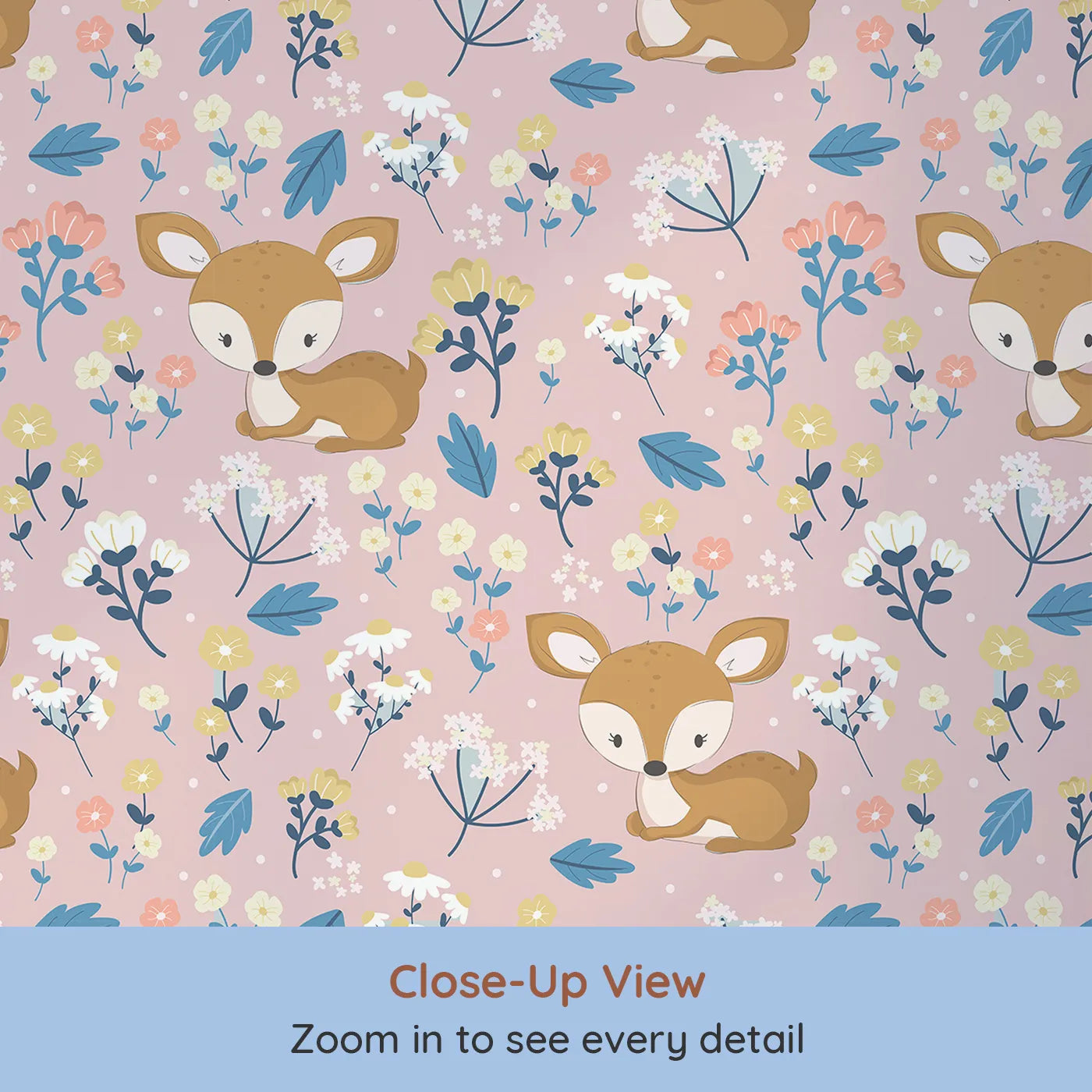 Close-up view of Whimsy Tots' Meadow Cuddles Deer Wallpaper in Soft Sand (W3059B).Gentle baby deer and flowers bloom on a soft sandy beige field.