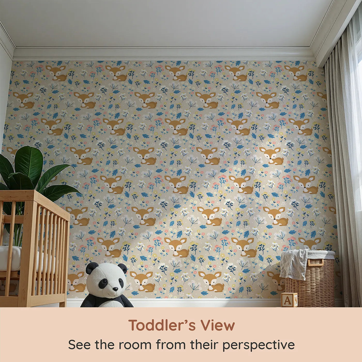 Whimsy Tots Meadow Cuddles Deer Wallpaper in Petal Pink (W3059C) from your child's view.Blossoming florals and cuddly baby deer on a gentle petal pink field.